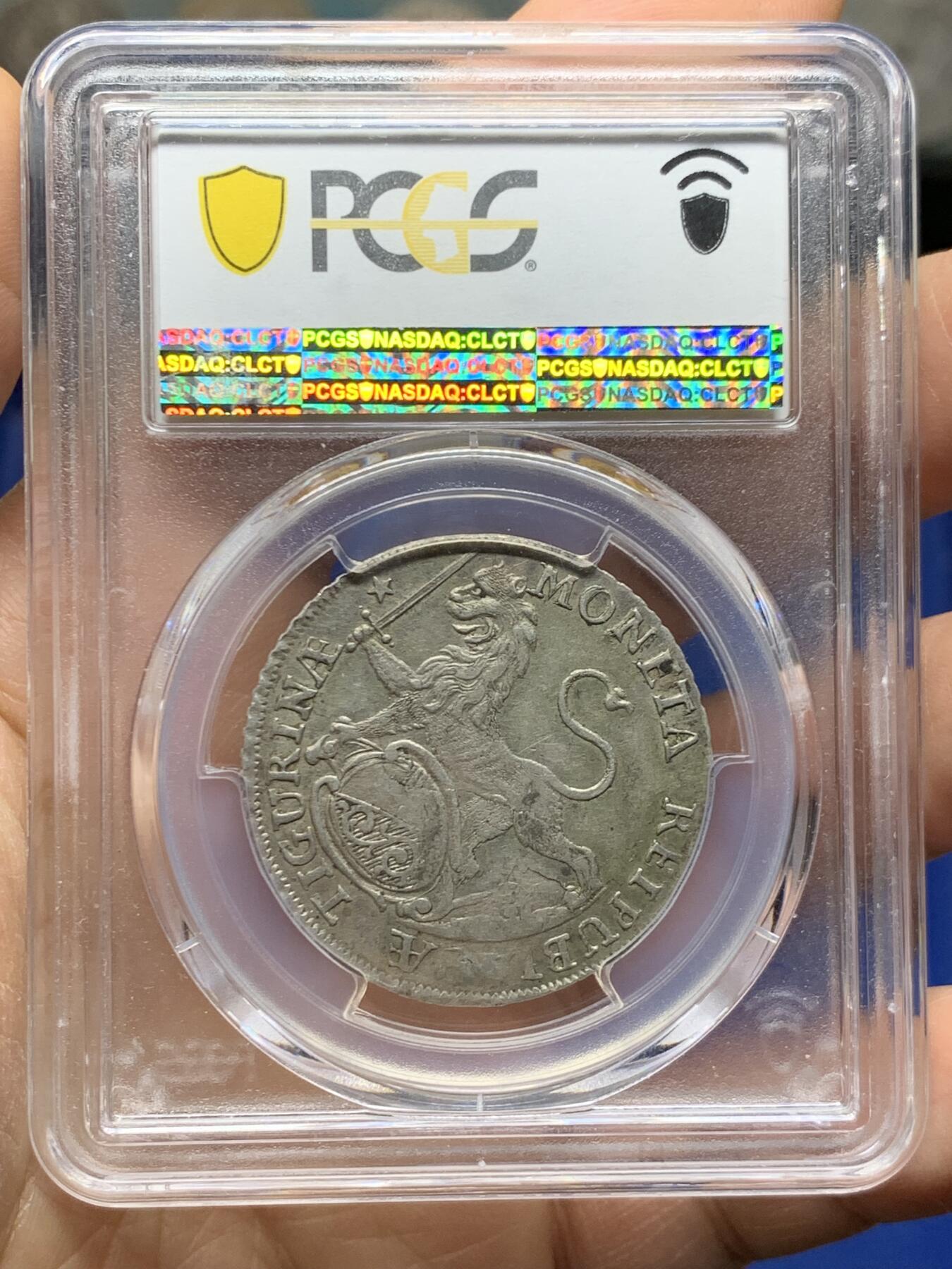 《竞宝斋》第464场 周日，周一，周二，3场连拍 （全场包邮）欢迎送拍 PCGS AU53 瑞士联邦1768年苏黎世城市景观1/2泰勒 瑞士景观泰勒名品之一 苏黎世城市象征雄狮持剑威武 原味好状态