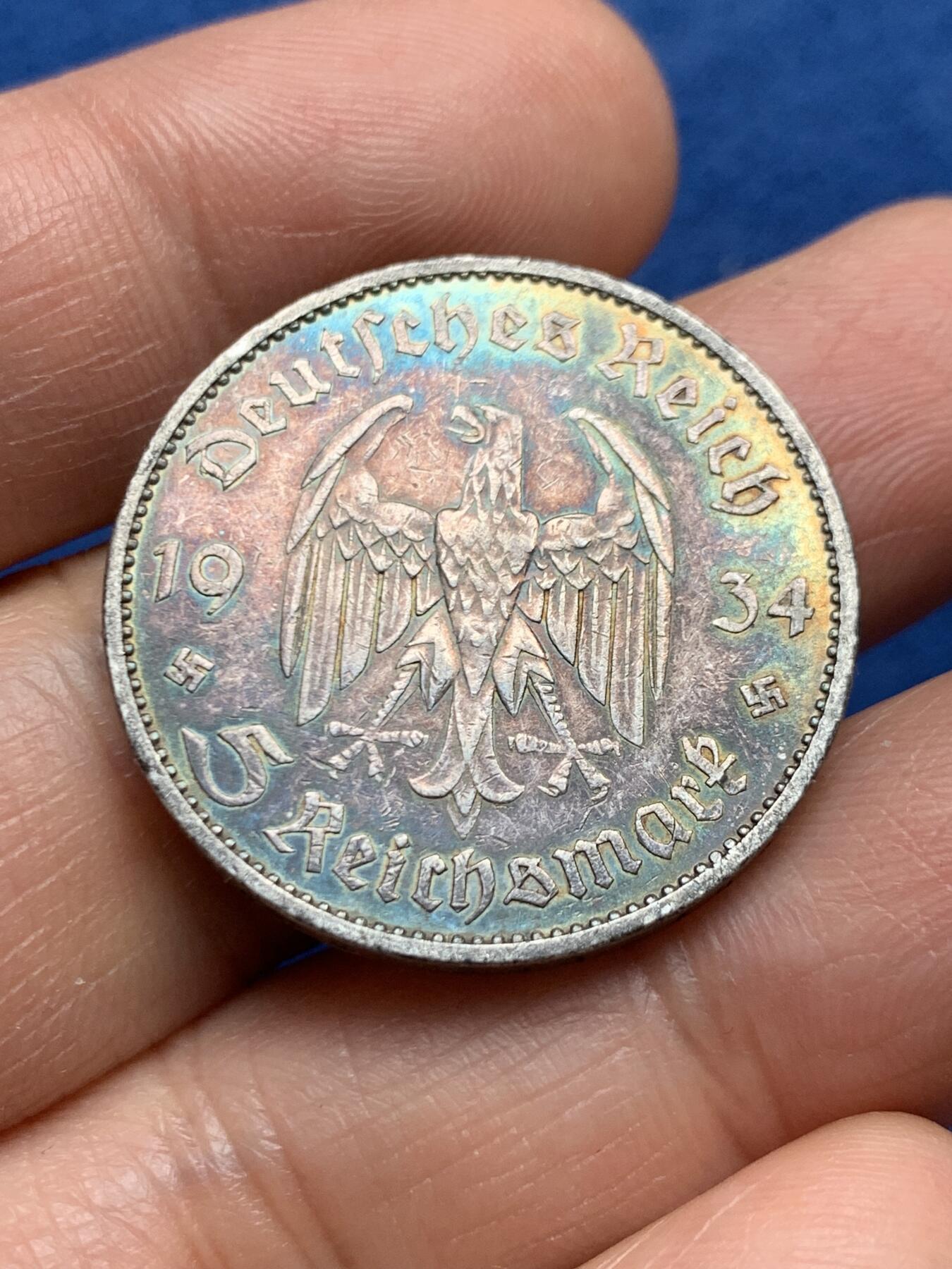 《竞宝斋》第464场 周日，周一，周二，3场连拍 （全场包邮）欢迎送拍 德国帝国教堂5马克1934年A版，29mm，13.8克，900银，五彩包浆