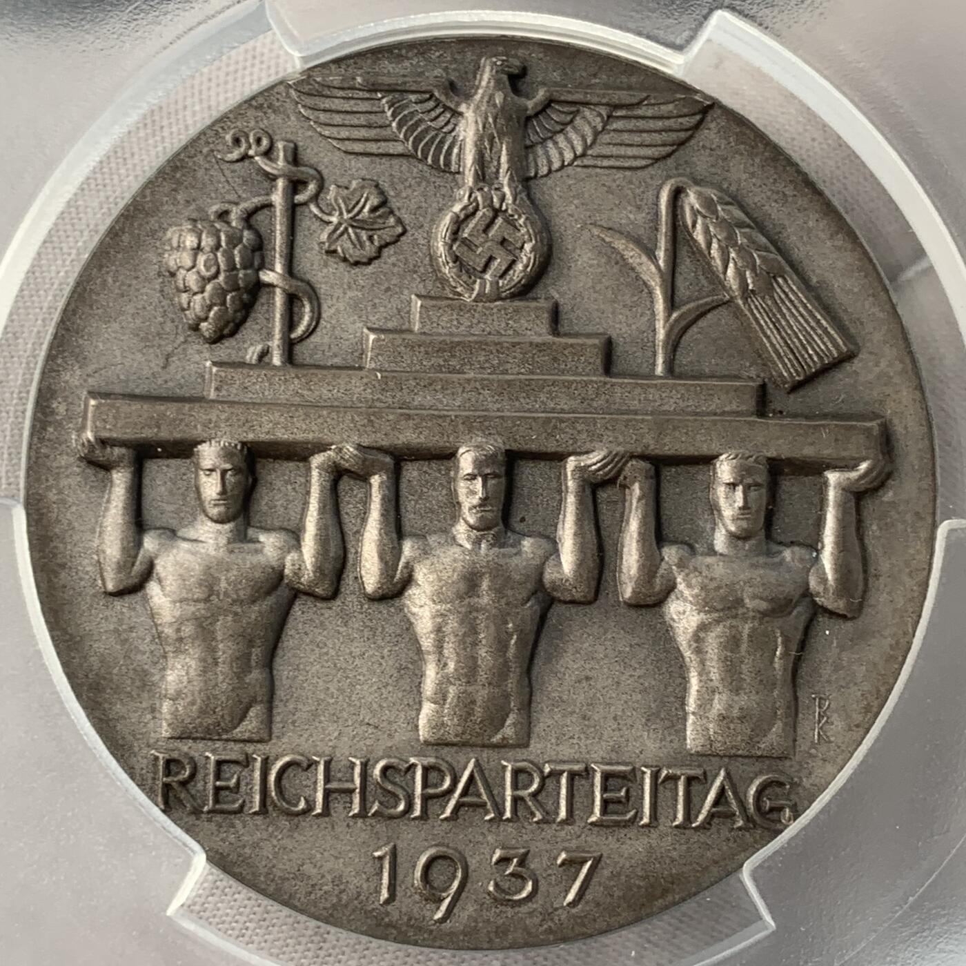 掌中浮雕-藏着的欧洲第052场 PCGS SP63 ：1937年第三帝国纽伦堡党代会白色金属（WM）纪念章，60mm