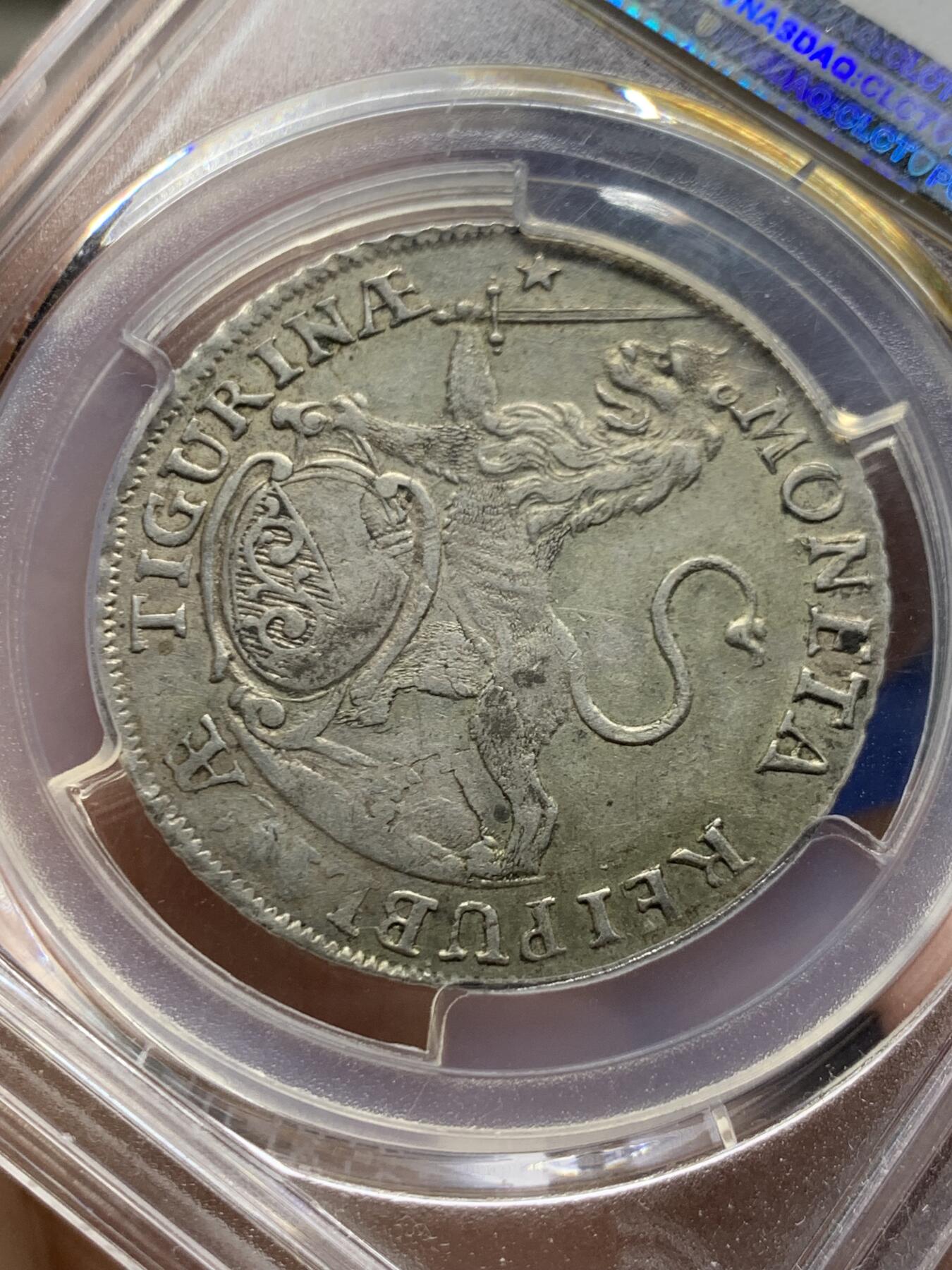 《竞宝斋》第464场 周日，周一，周二，3场连拍 （全场包邮）欢迎送拍 PCGS AU53 瑞士联邦1768年苏黎世城市景观1/2泰勒 瑞士景观泰勒名品之一 苏黎世城市象征雄狮持剑威武 原味好状态