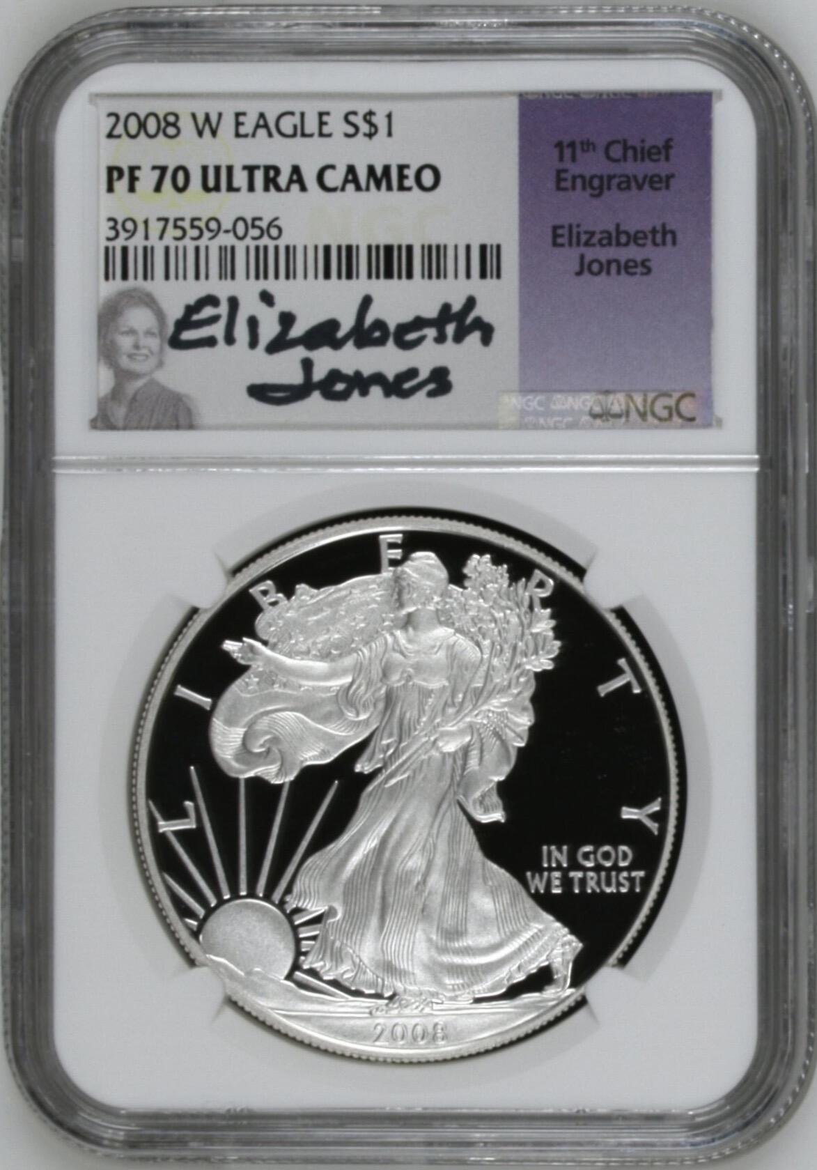 S&S Numismatic世界钱币-拍卖 第120期  美国2008年 自由行走女神 1美元1盎司投资精制银币 W标西点造币厂 31.1克999银 NGC PF70UC冠军分 设计师签名标签