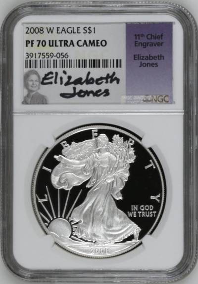 S&S Numismatic世界钱币-拍卖 第120期  - 美国2008年 自由行走女神 1美元1盎司投资精制银币 W标西点造币厂 31.1克999银 NGC PF70UC冠军分 设计师签名标签