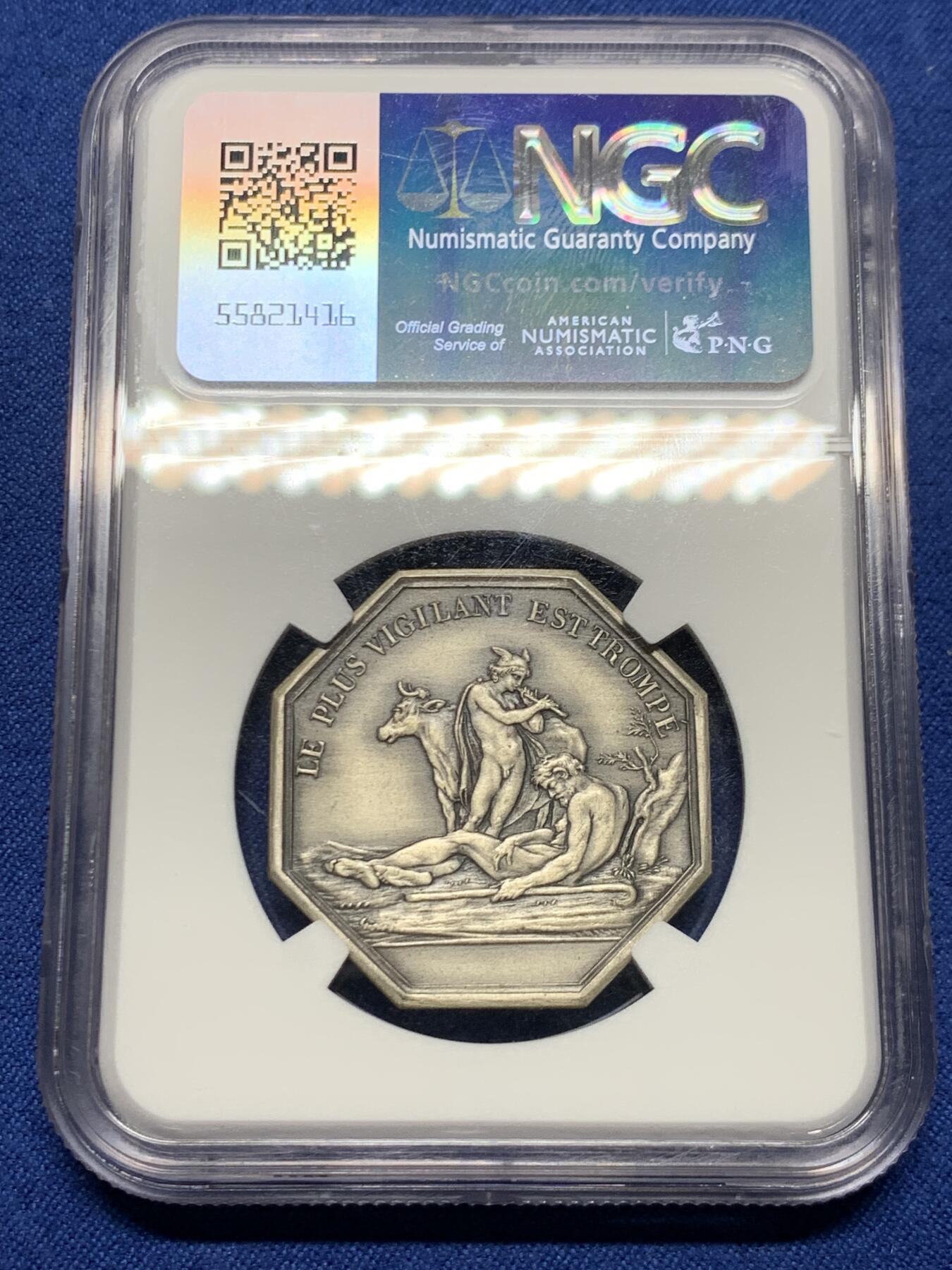 《竞宝斋》第464场 周日，周一，周二，3场连拍 （全场包邮）欢迎送拍 NGC MS62 法国双面神“幸与不幸”八角银代币，老人老牛老树，构图细致立体