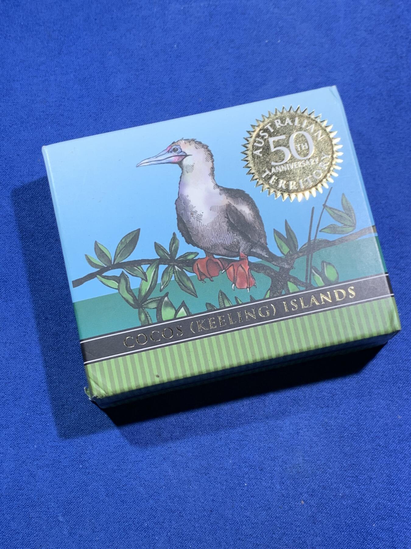 《竞宝斋》第464场 周日，周一，周二，3场连拍 （全场包邮）欢迎送拍 2005年澳大利亚1元彩色精制银币 科科斯群岛并入澳大利亚50周年 1盎司999银 发行量：7千5百 盒证全