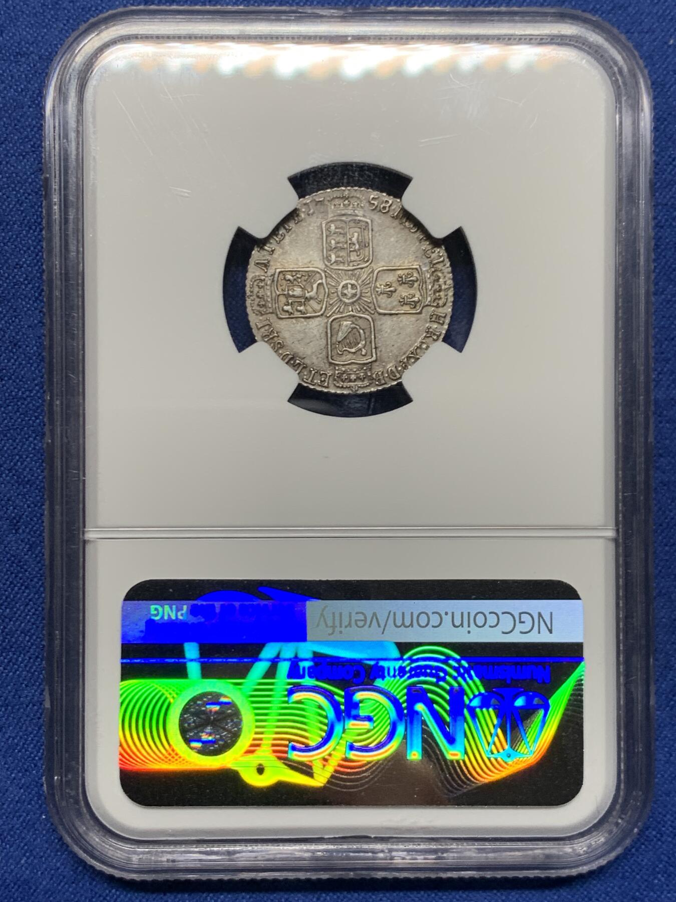 《竞宝斋》第464场 周日，周一，周二，3场连拍 （全场包邮）欢迎送拍 NGC UNCD 英国 1758年 乔治二世末年6便士银币 有分的状态 可重评