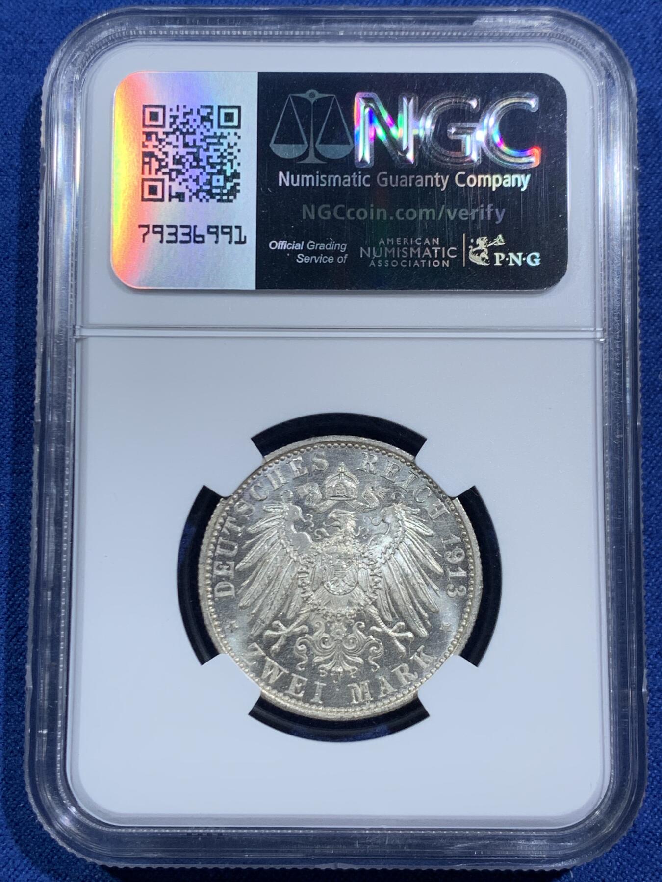 《竞宝斋》第464场 周日，周一，周二，3场连拍 （全场包邮）欢迎送拍 NGC MS63 德国 1913年 普鲁士威廉二世军装2马克银币 原光十足