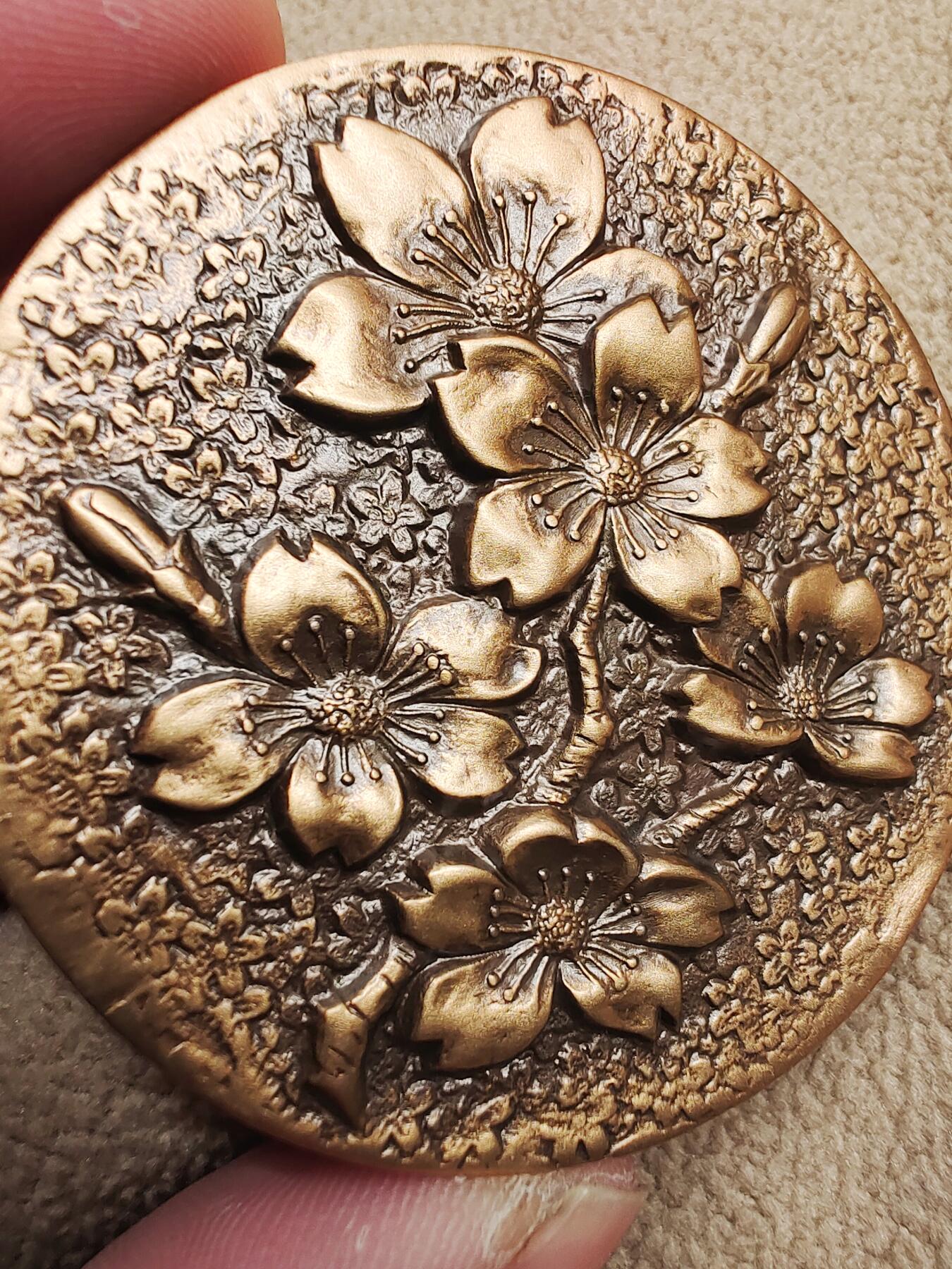 日本尾道市100周年浮雕樱花大铜章 赏牌 镇尺