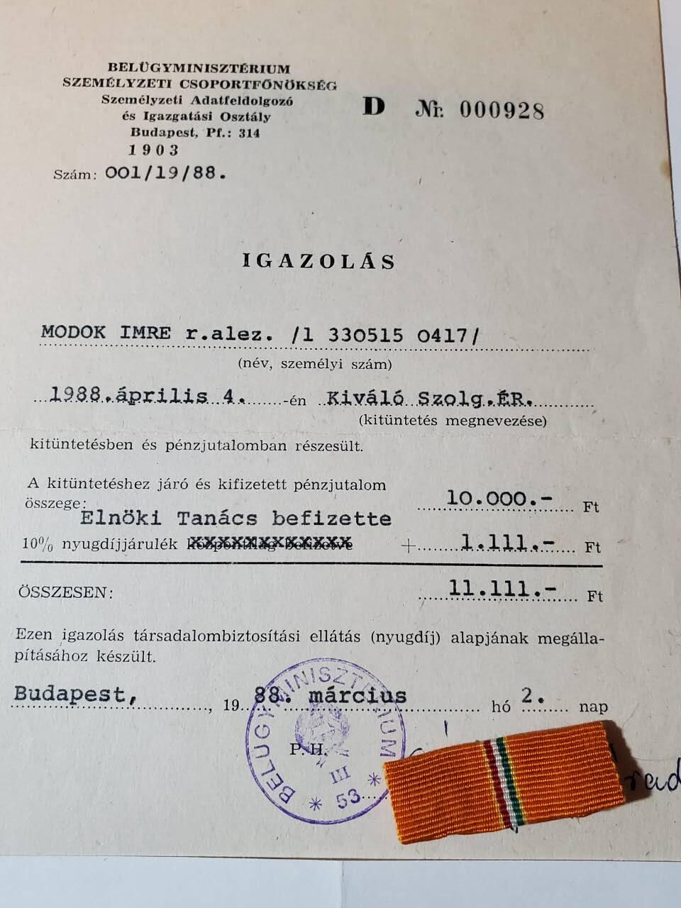 韵星假日军品类拍卖第三十九期暨默多克中校夫妇专场 -- Rimey Holidays Militaria Auction 39 & The Modoks Collection  匈牙利人民共和国默多克中校祖国解放43年内务部表彰信，卓越服务表彰证书