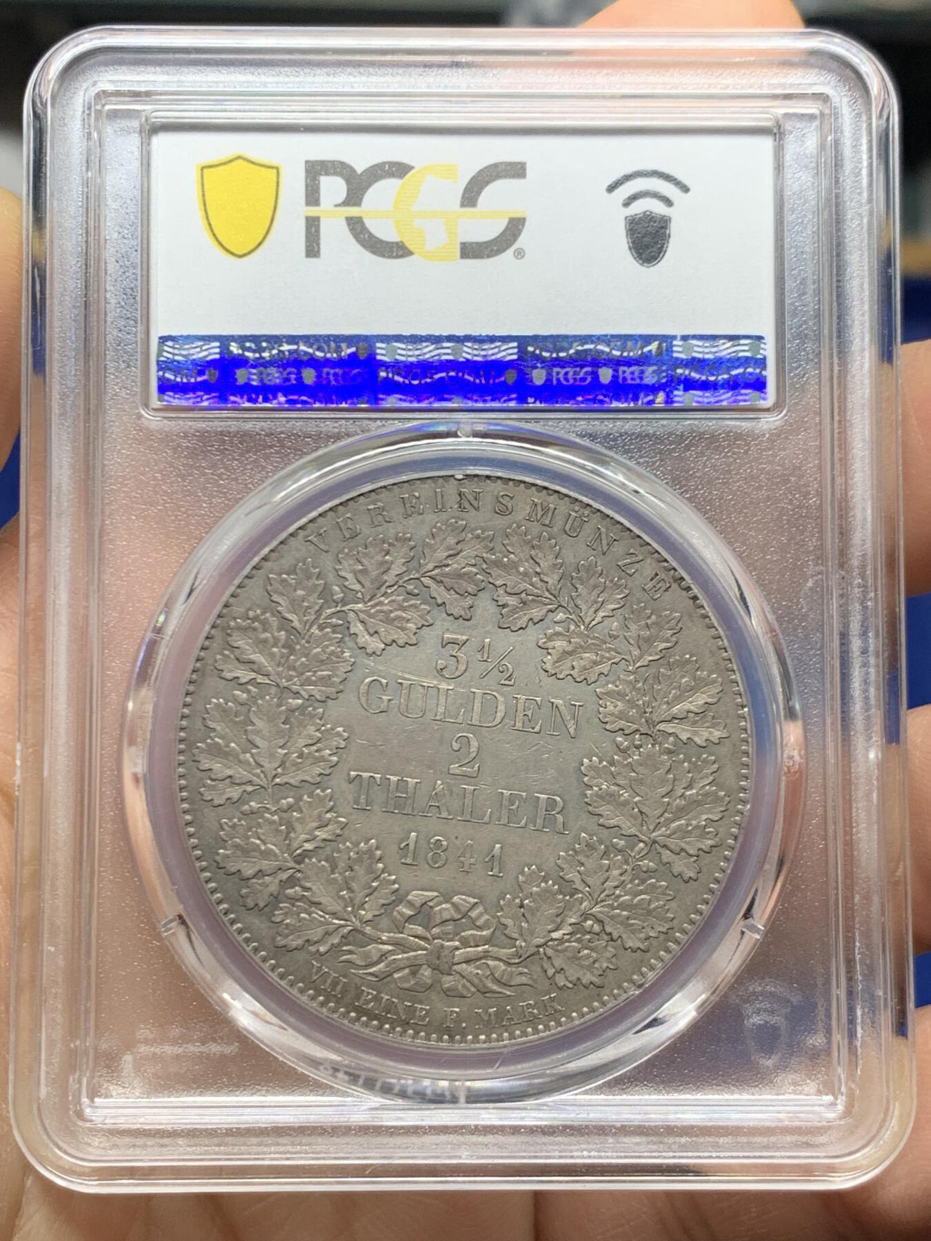《竞宝斋》第464场 周日，周一，周二，3场连拍 （全场包邮）欢迎送拍 PCGS AU55 德国1841年法兰克福城市景观2泰勒大银币