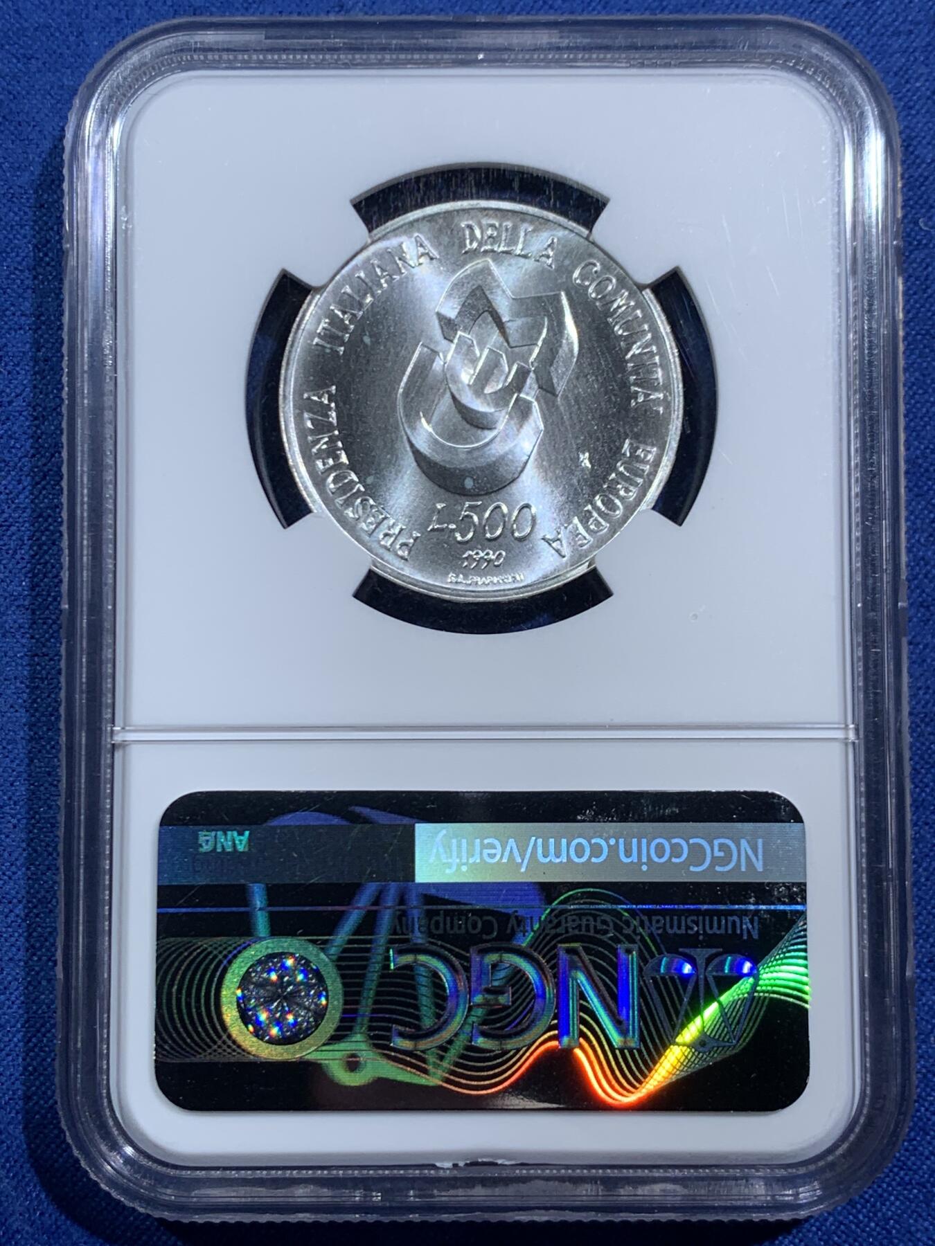 《竞宝斋》第464场 周日，周一，周二，3场连拍 （全场包邮）欢迎送拍 NGC MS64 意大利1990年担任欧共体理事会轮值主席国500里拉银币