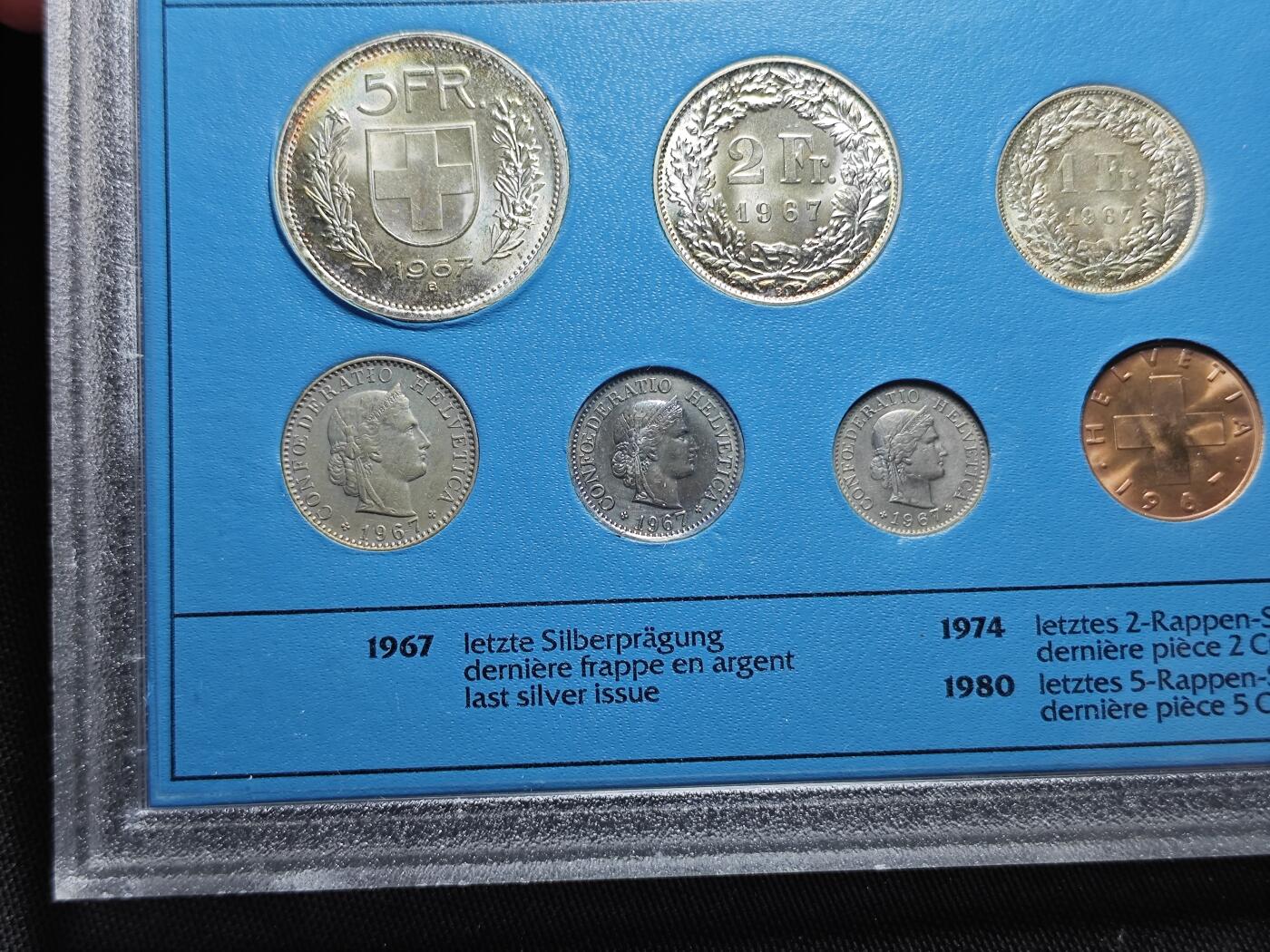 KK钱币收藏小铺  第400期  百期特拍（四拍之四）2月预留时间 周末发货  1967瑞士官方发行 大小面值清年一套 含4枚银币 均好品全信!