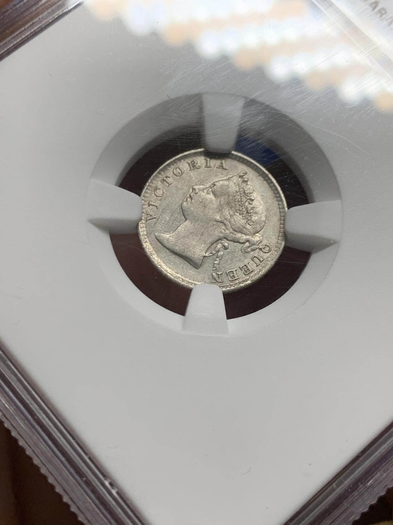 《竞宝斋》第464场 周日，周一，周二，3场连拍 （全场包邮）欢迎送拍 NGC AUD 香港 1893年 维多利亚 五仙 银币 人像清晰，自然包浆