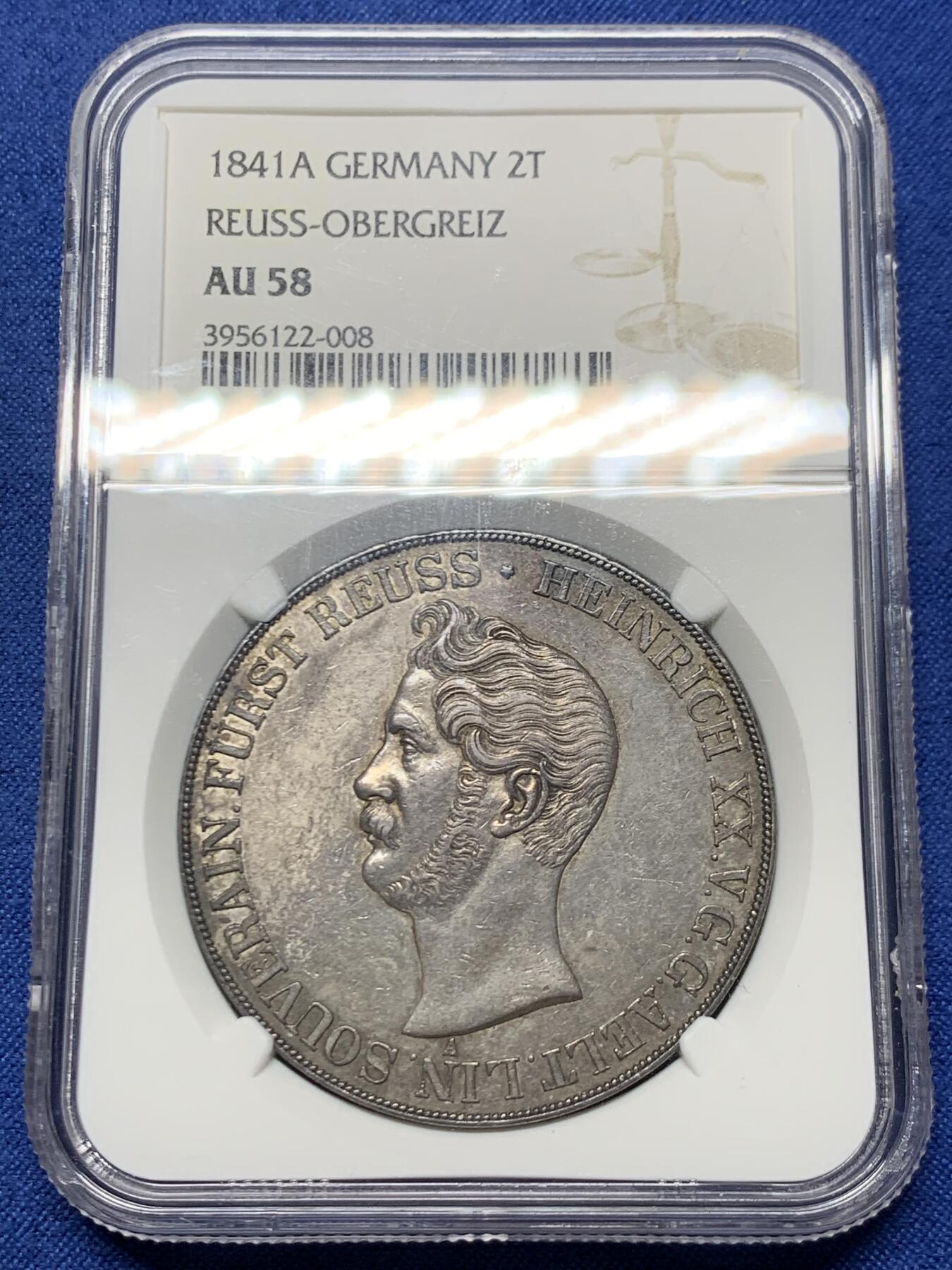《竞宝斋》第464场 周日，周一，周二，3场连拍 （全场包邮）欢迎送拍 NGC AU58 德国 1841 罗斯流通纹章2泰勒37克大银币 深彩原味包浆限制了分数的想象 发行量仅有2400枚