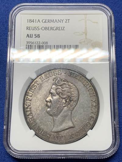 《竞宝斋》第464场 周日，周一，周二，3场连拍 （全场包邮）欢迎送拍 - NGC AU58 德国 1841 罗斯流通纹章2泰勒37克大银币 深彩原味包浆限制了分数的想象 发行量仅有2400枚
