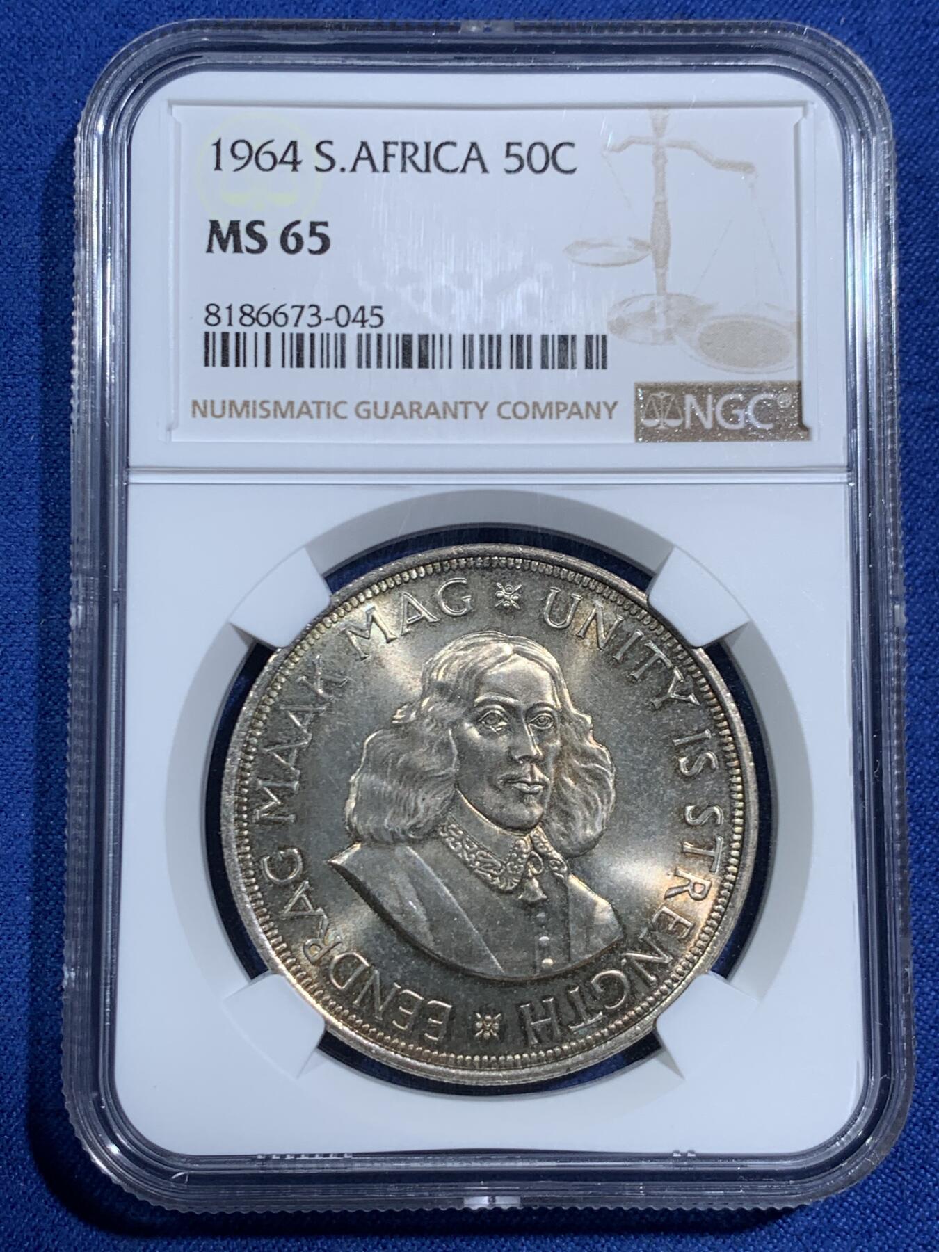 《竞宝斋》第464场 周日，周一，周二，3场连拍 （全场包邮）欢迎送拍 NGC MS65 南非1964年吕贝克跳羚羊50分大银币