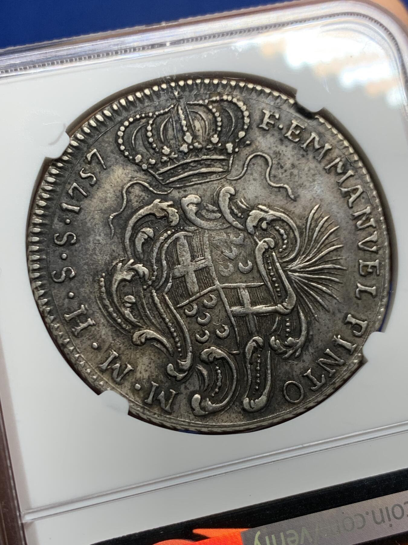 《竞宝斋》第464场 周日，周一，周二，3场连拍 （全场包邮）欢迎送拍 NGC XFD 马耳他骑士团（医院骑士团） 1757年 30塔里 银币 该类型最大面值  传世黑包浆 打制很好 稀少品种