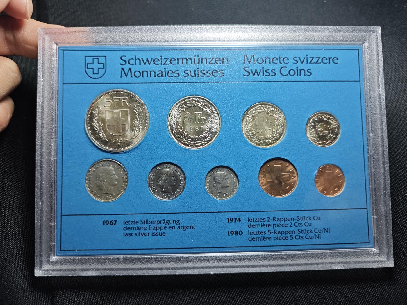 KK钱币收藏小铺  第400期  百期特拍（四拍之四）2月预留时间 周末发货  1967瑞士官方发行 大小面值清年一套 含4枚银币 均好品全信!