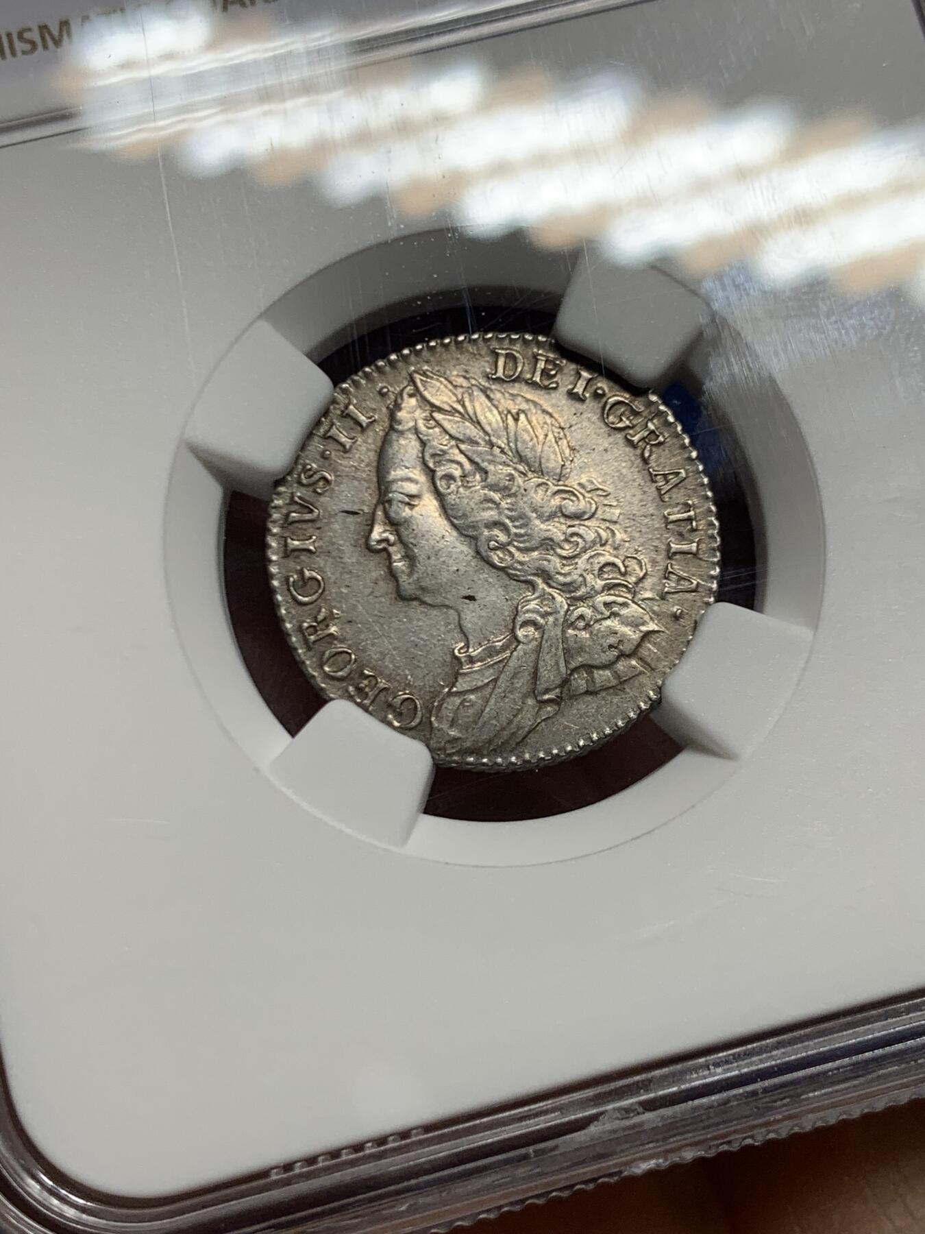 《竞宝斋》第464场 周日，周一，周二，3场连拍 （全场包邮）欢迎送拍 NGC UNCD 英国 1758年 乔治二世末年6便士银币 有分的状态 可重评