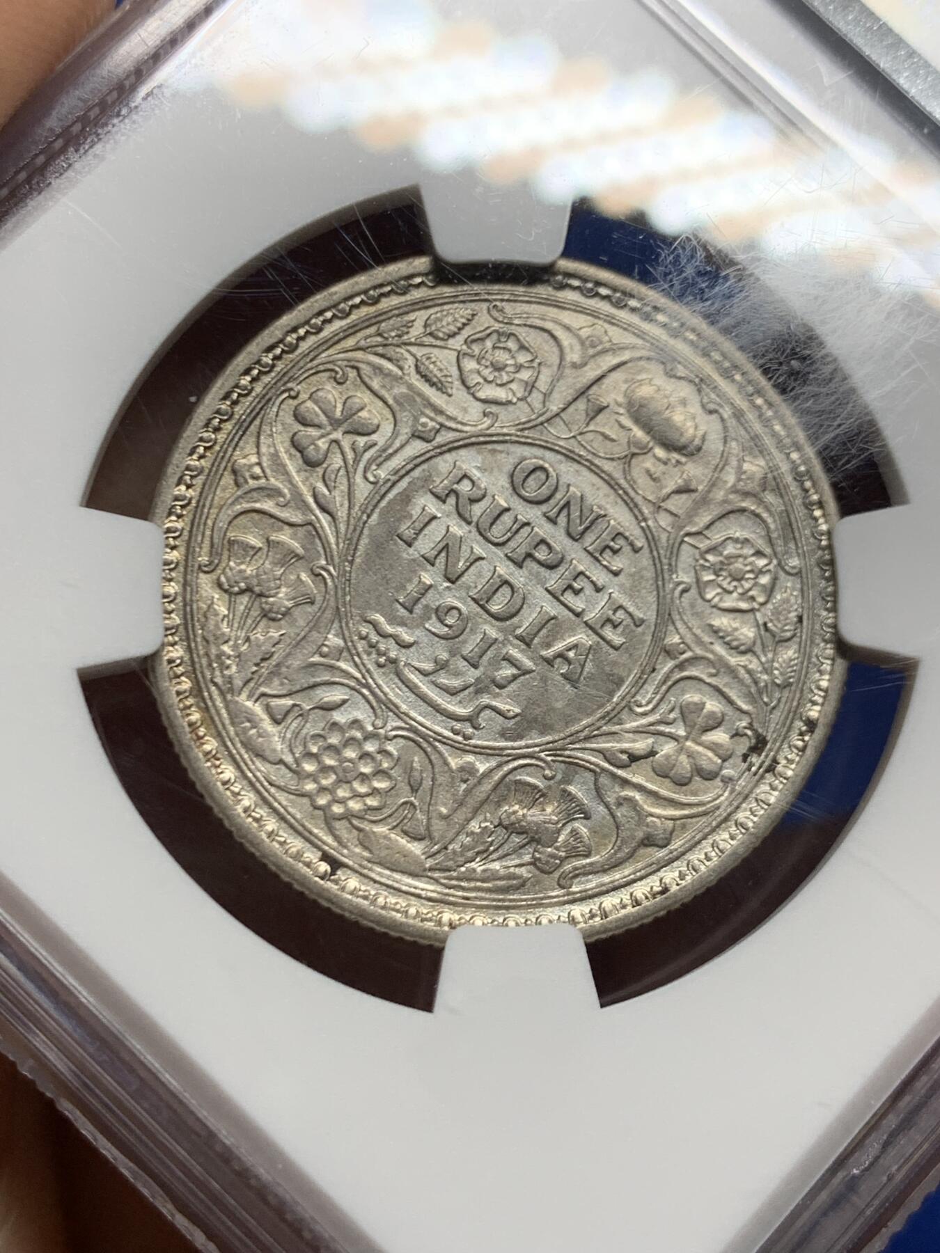 《竞宝斋》第464场 周日，周一，周二，3场连拍 （全场包邮）欢迎送拍 NGC AUD 印度1917年乔治五世1卢比银币