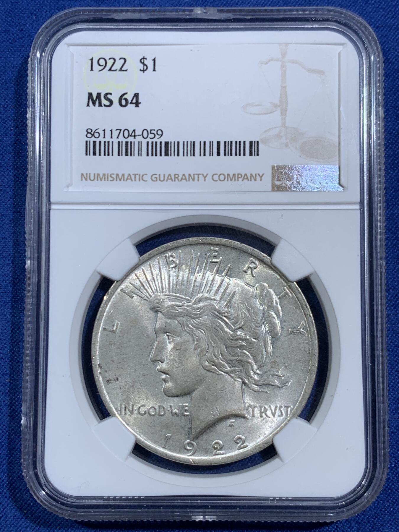 《竞宝斋》第464场 周日，周一，周二，3场连拍 （全场包邮）欢迎送拍 NGC MS64 美国1922年和平银币