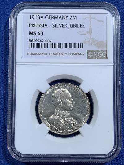 《竞宝斋》第464场 周日，周一，周二，3场连拍 （全场包邮）欢迎送拍 - NGC MS63 德国 1913年 普鲁士威廉二世军装2马克银币 原光十足