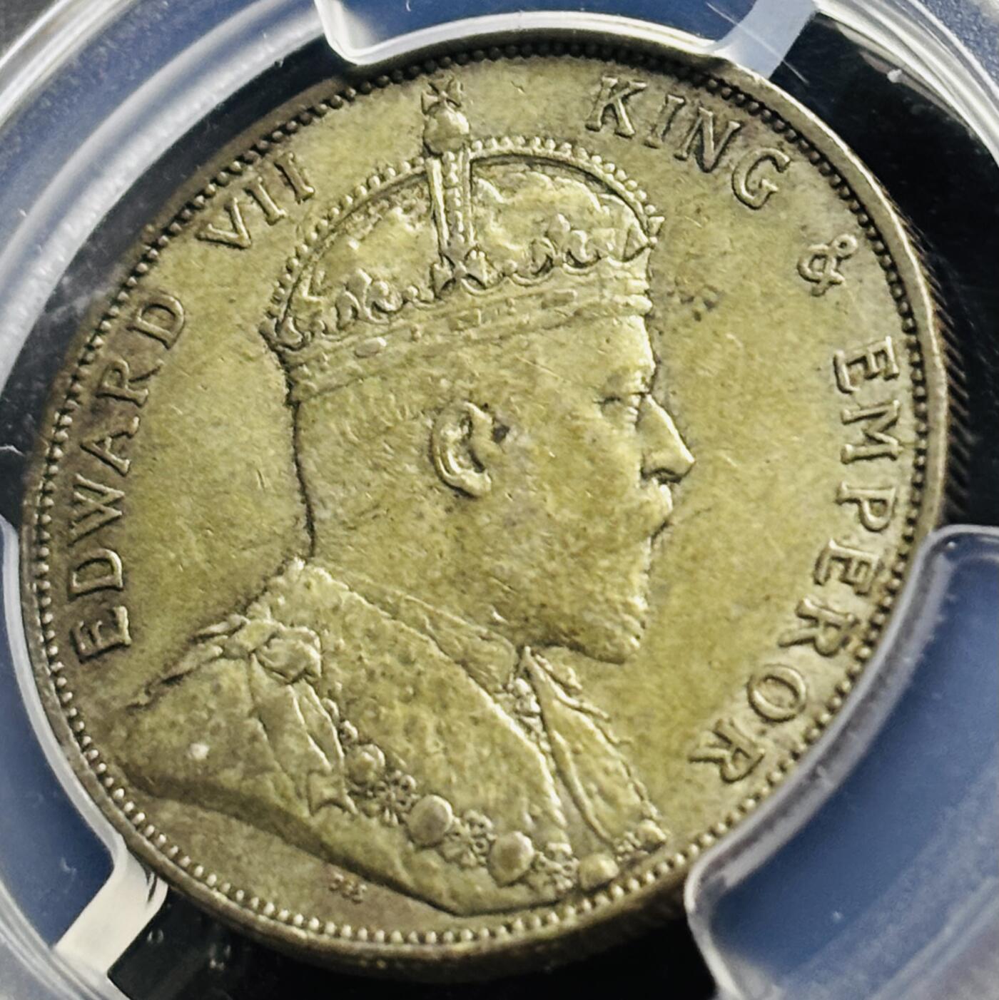 【金马踏春，泉马奔腾】2026 年新年贺岁场，（定于年初五接财神截拍）祝各位老板马到成功，马上有钱，愿岁岁平安喜乐顺遂 少见品种 1905 年英属香港爱德华七世香港半圆银币 PCGS 评级 AU55 分，整体币面干净丝滑，原汁原味的包浆，历史货币的里程碑，热门名誉品种