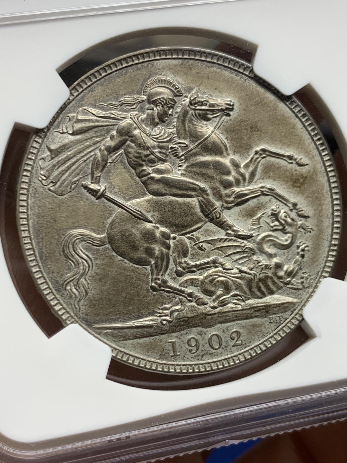 《竞宝斋》第464场 周日，周一，周二，3场连拍 （全场包邮）欢迎送拍 NGC PF61 英国 1902年 马剑克朗  爱德华七世 银币