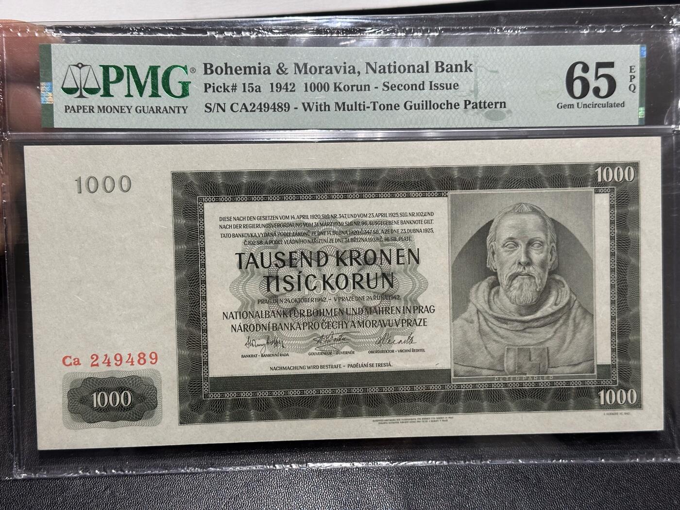 《外钞收藏家》第六百零七期（畅拍场）（本平台长期征集拍品、欢迎藏友们联系合作） 1942年波希米亚和摩拉维亚1000克朗 PMG65