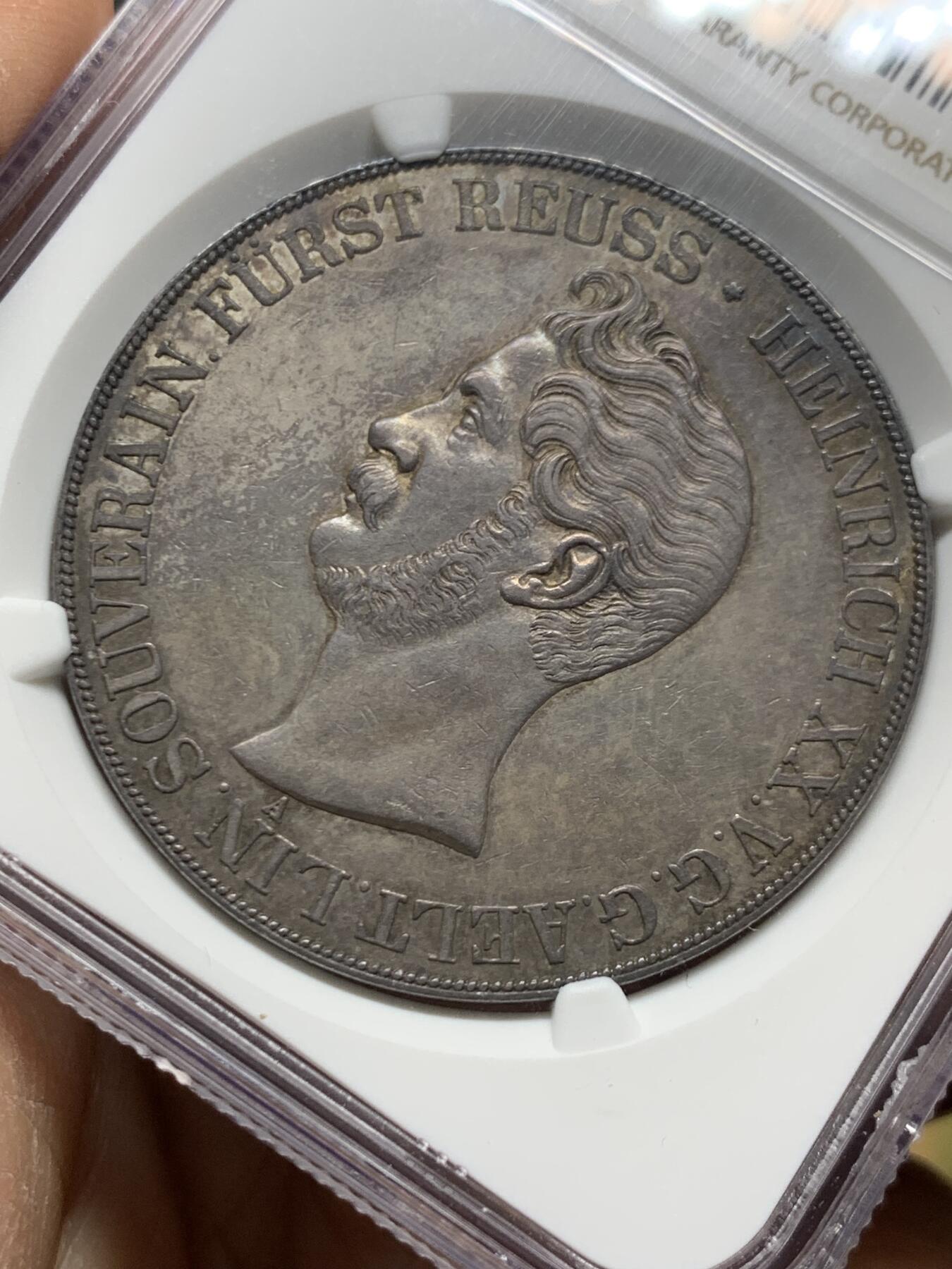 《竞宝斋》第464场 周日，周一，周二，3场连拍 （全场包邮）欢迎送拍 NGC AU58 德国 1841 罗斯流通纹章2泰勒37克大银币 深彩原味包浆限制了分数的想象 发行量仅有2400枚