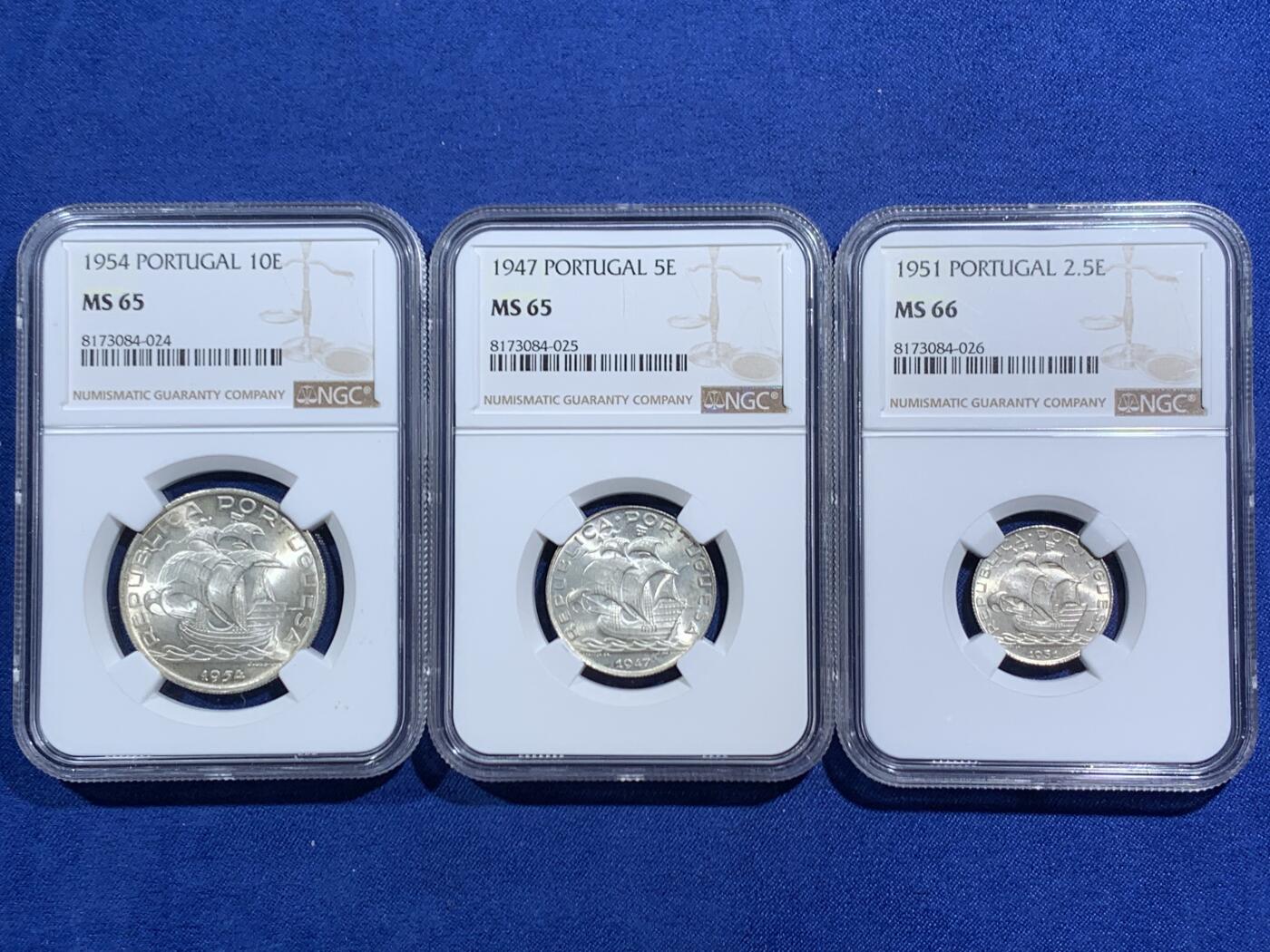《竞宝斋》第464场 周日，周一，周二，3场连拍 （全场包邮）欢迎送拍 三枚一组 NGC MS65-66 葡萄牙帆船10E/5E/2.5E银币