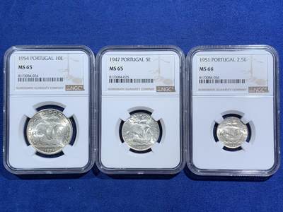 《竞宝斋》第464场 周日，周一，周二，3场连拍 （全场包邮）欢迎送拍 - 三枚一组 NGC MS65-66 葡萄牙帆船10E/5E/2.5E银币