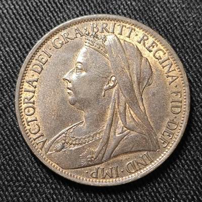 KK钱币收藏小铺  第399期  百期特拍（四拍之三）2月预留时间 周末发货 -  1897英国维多利亚女王 披纱1便士铜币 好品