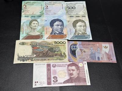 《外钞收藏家》第六百零七期（畅拍场）（本平台长期征集拍品、欢迎藏友们联系合作） - 委内瑞拉3张——印尼5000+毛里塔尼亚+塔吉克斯坦一起 全新 印尼不绝有小裂口和荧光瑕疵
