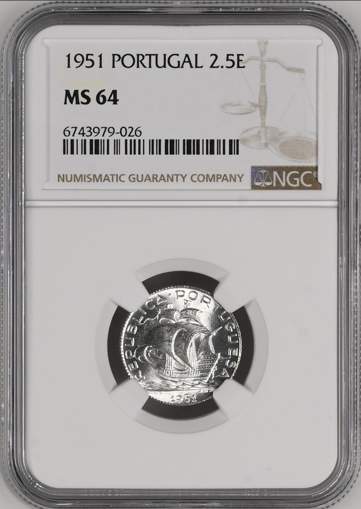 S&S Numismatic世界钱币-拍卖 第120期  葡萄牙1954年2.5埃斯库多银币 NGC MS64   3.5克650银