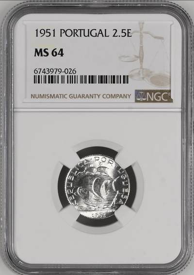 S&S Numismatic世界钱币-拍卖 第120期  - 葡萄牙1954年2.5埃斯库多银币 NGC MS64   3.5克650银