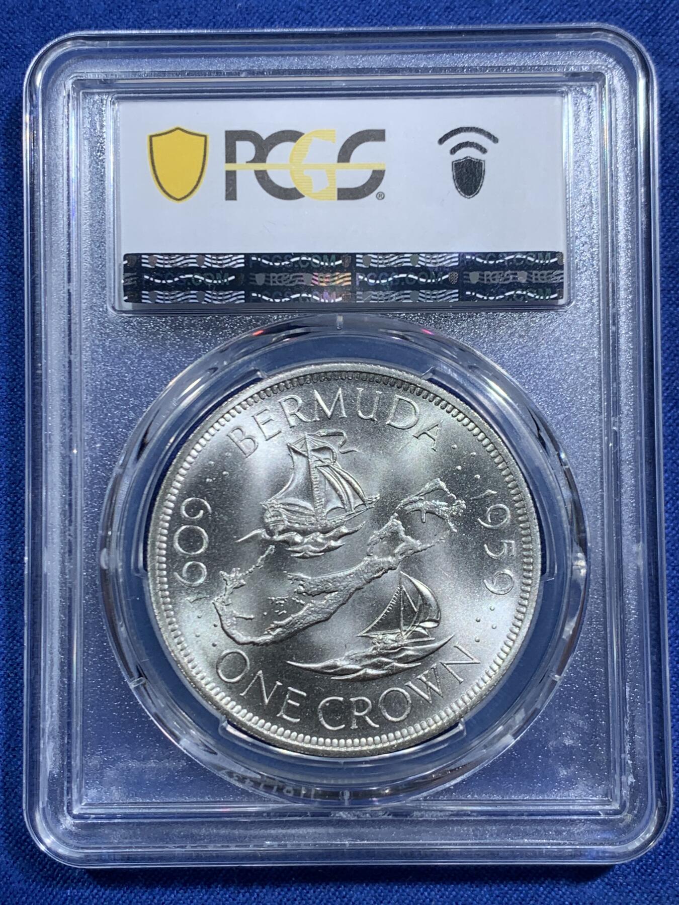 《竞宝斋》第464场 周日，周一，周二，3场连拍 （全场包邮）欢迎送拍 PCGS MS67 英属百慕大1959年伊丽莎白二世1克朗大银币 季军分
