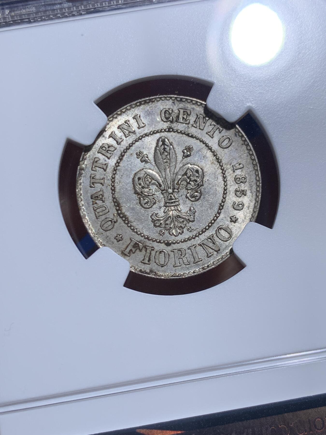 《竞宝斋》第464场 周日，周一，周二，3场连拍 （全场包邮）欢迎送拍 NGC MS62+意大利 1859 托斯卡纳1 forin 银币 临时政府发行的唯一银币