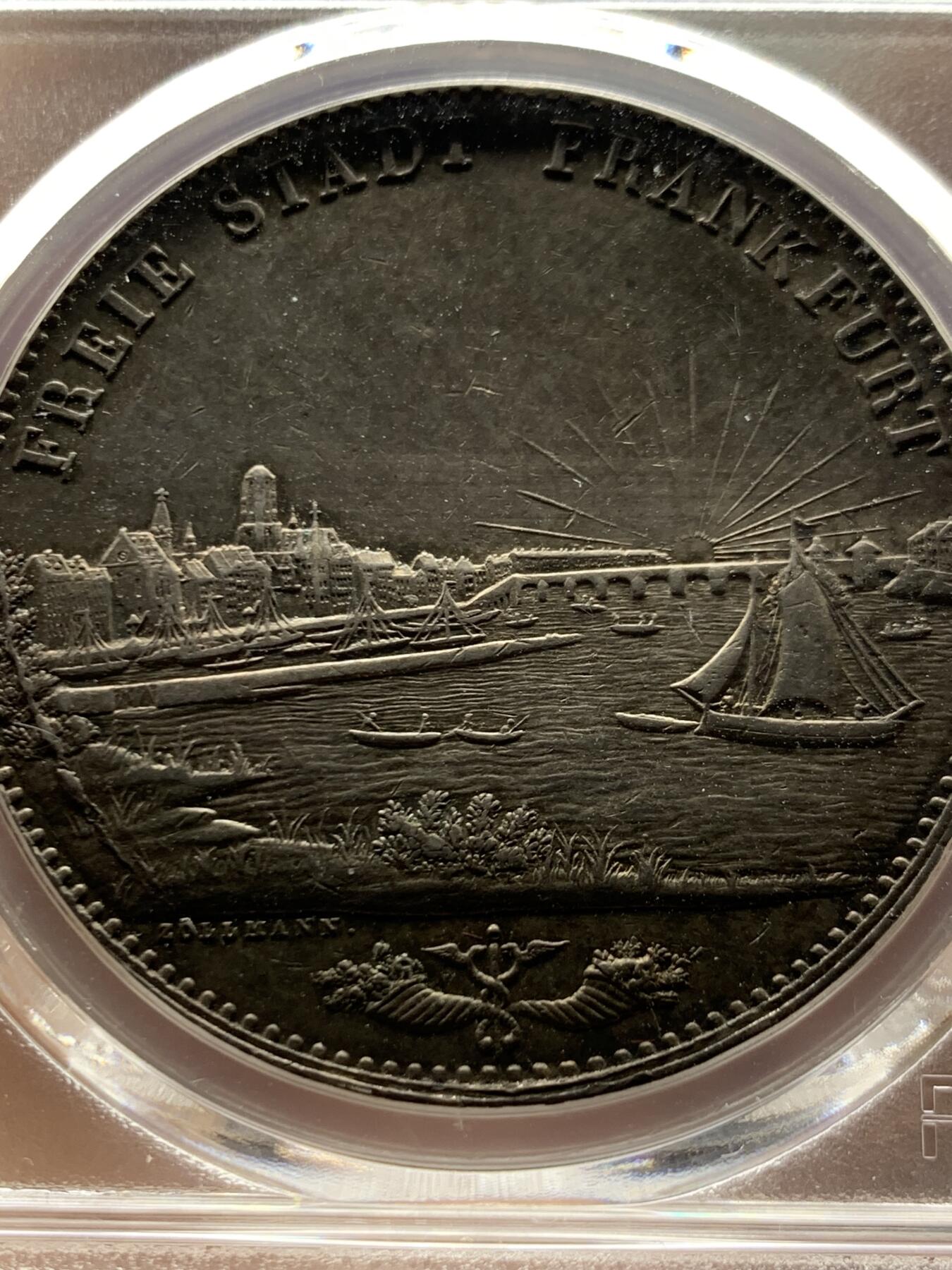 《竞宝斋》第464场 周日，周一，周二，3场连拍 （全场包邮）欢迎送拍 PCGS AU55 德国1841年法兰克福城市景观2泰勒大银币