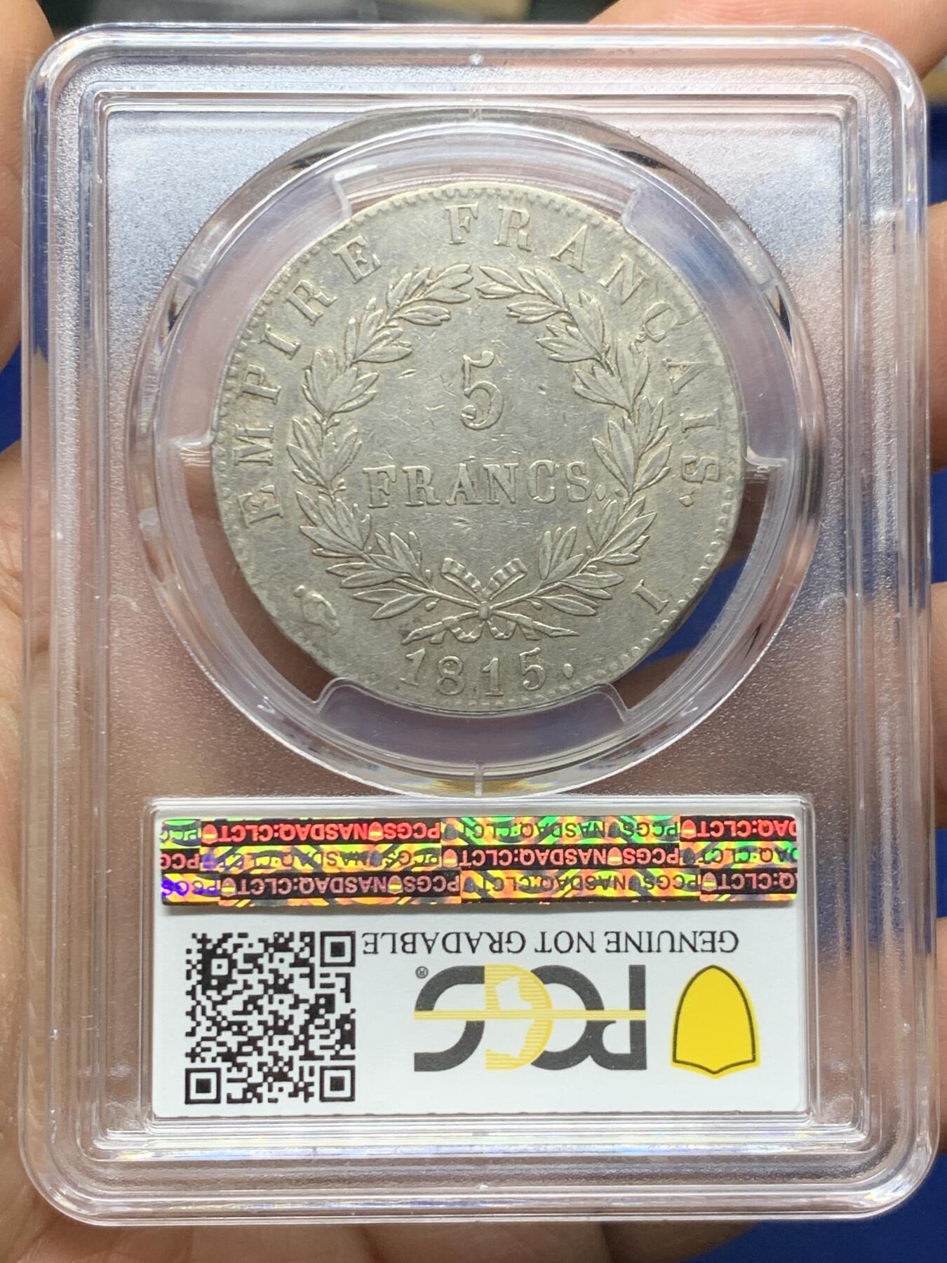 《竞宝斋》第464场 周日，周一，周二，3场连拍 （全场包邮）欢迎送拍 PCGS VFD 法国 1815年 拿破仑“白日王朝”5法郎银币 少见品种 持续上涨