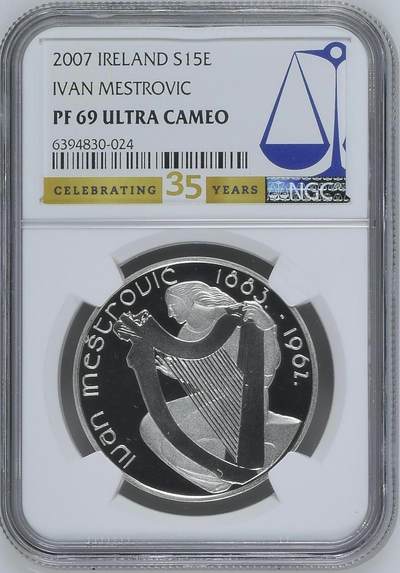S&S Numismatic世界钱币-拍卖 第120期  - 爱尔兰2007年 《抱竖琴的女孩》15欧元精制纪念银币 24克925银 NGC PF69UC 35周年纪念版标签