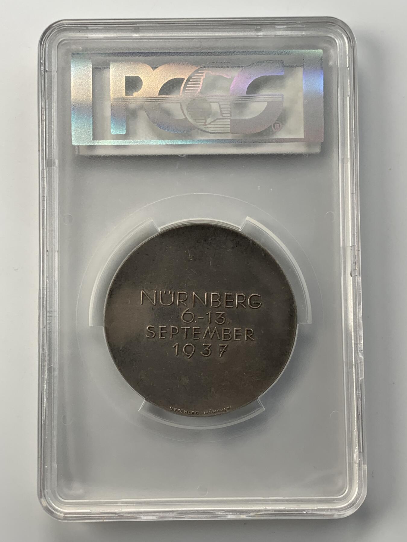 掌中浮雕-藏着的欧洲第052场 PCGS SP63 ：1937年第三帝国纽伦堡党代会白色金属（WM）纪念章，60mm