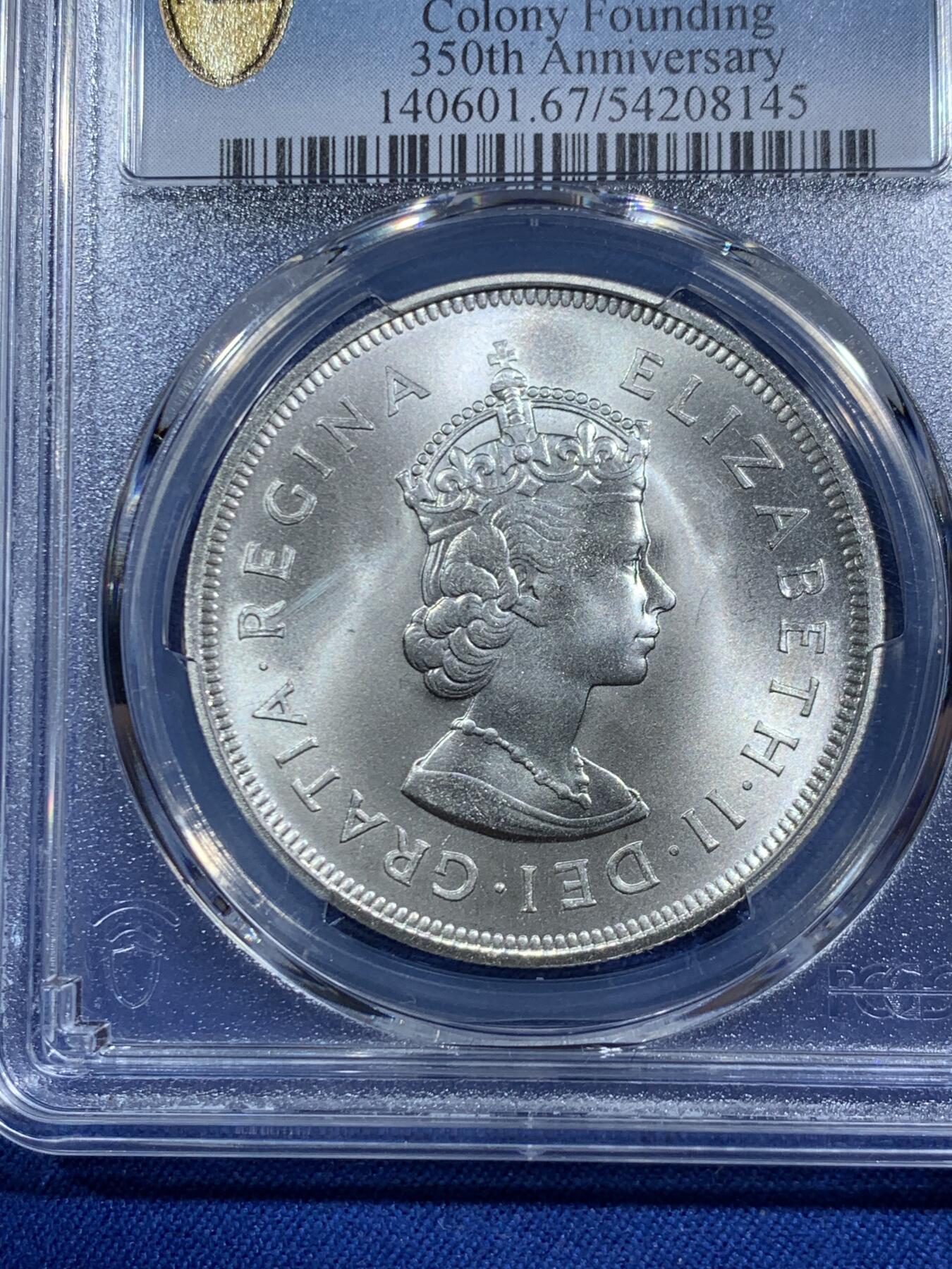 《竞宝斋》第464场 周日，周一，周二，3场连拍 （全场包邮）欢迎送拍 PCGS MS67 英属百慕大1959年伊丽莎白二世1克朗大银币 季军分