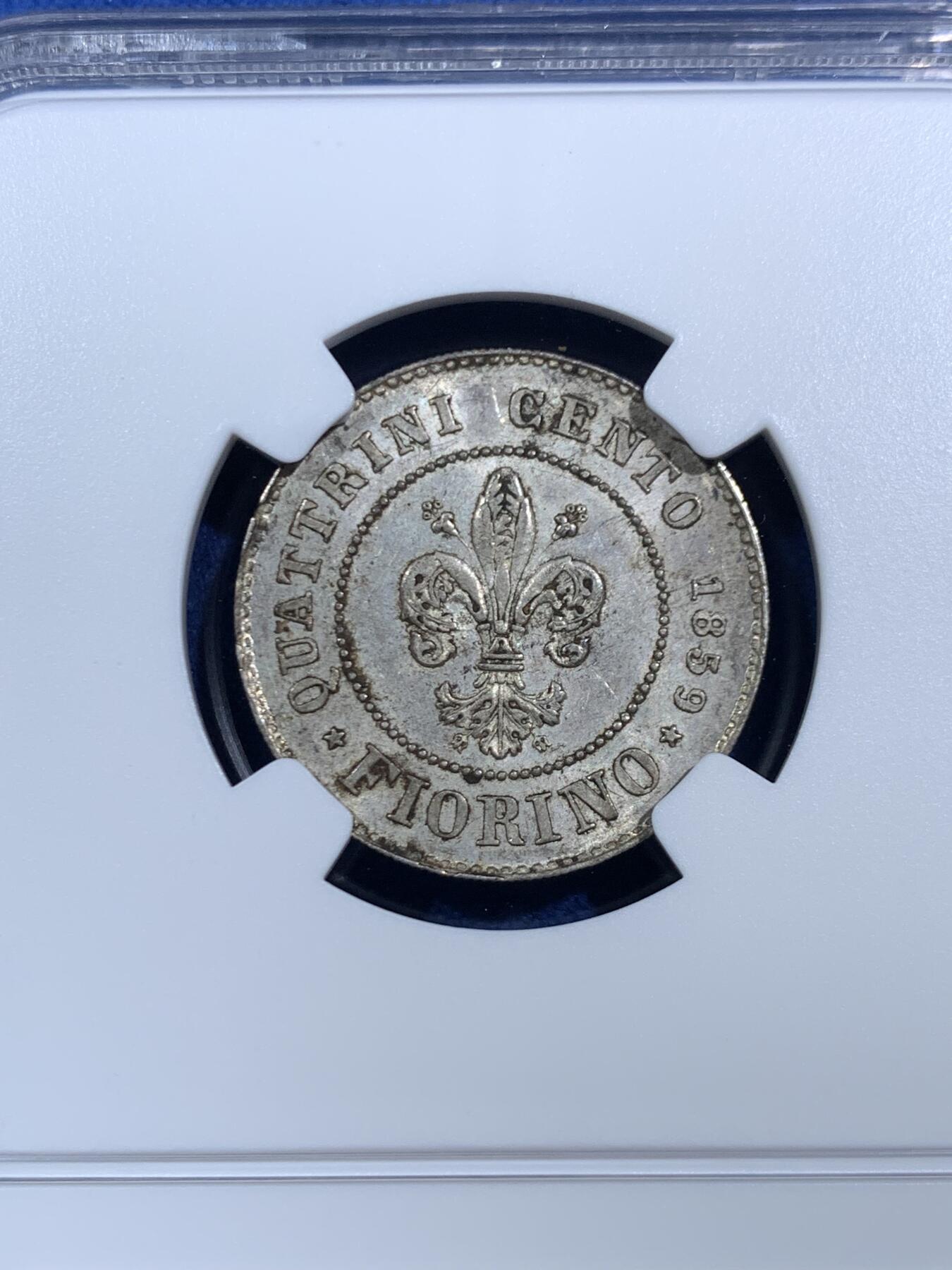 《竞宝斋》第464场 周日，周一，周二，3场连拍 （全场包邮）欢迎送拍 NGC MS62+意大利 1859 托斯卡纳1 forin 银币 临时政府发行的唯一银币