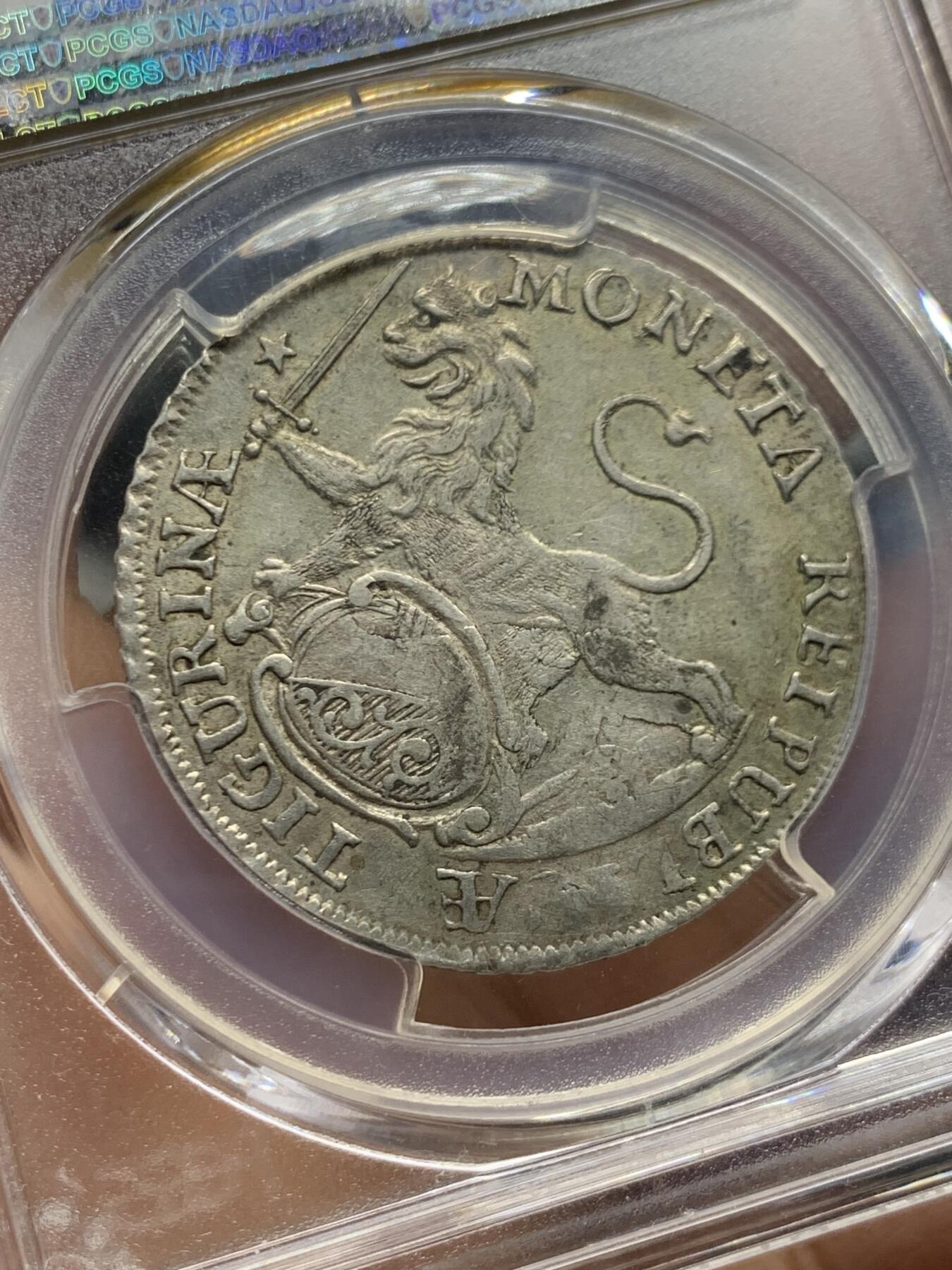 《竞宝斋》第464场 周日，周一，周二，3场连拍 （全场包邮）欢迎送拍 PCGS AU53 瑞士联邦1768年苏黎世城市景观1/2泰勒 瑞士景观泰勒名品之一 苏黎世城市象征雄狮持剑威武 原味好状态