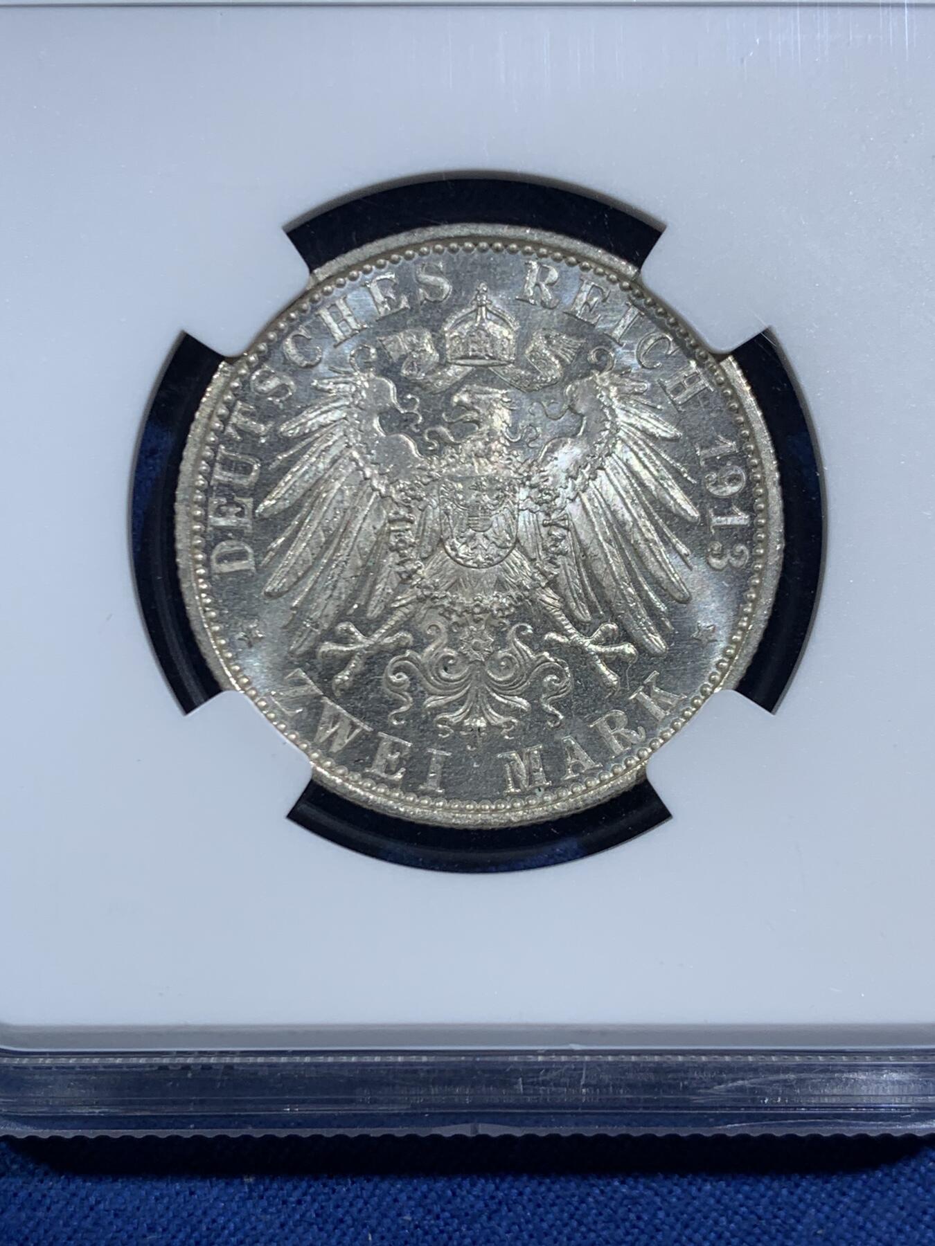 《竞宝斋》第464场 周日，周一，周二，3场连拍 （全场包邮）欢迎送拍 NGC MS63 德国 1913年 普鲁士威廉二世军装2马克银币 原光十足