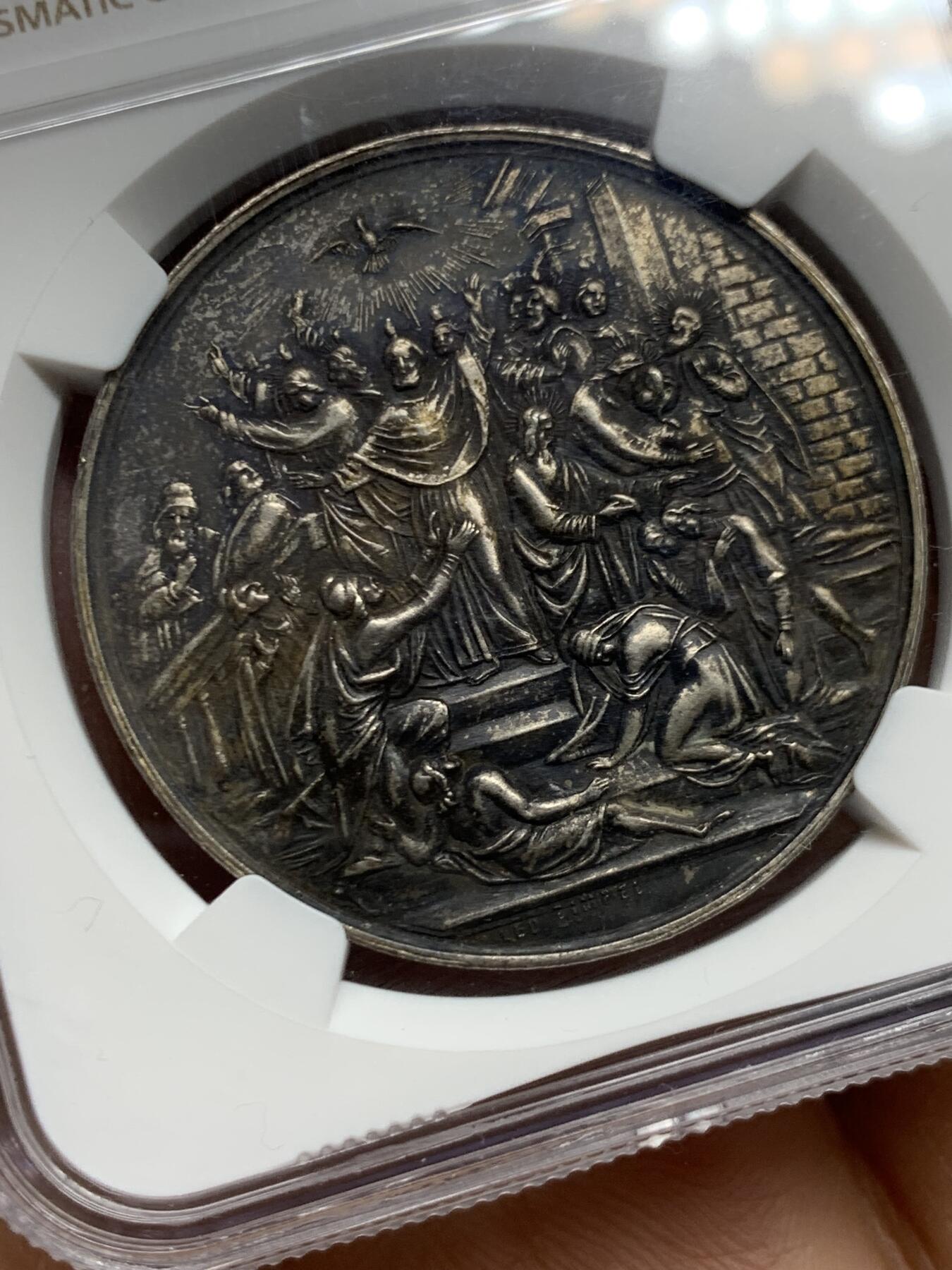 《竞宝斋》第464场 周日，周一，周二，3场连拍 （全场包邮）欢迎送拍 NGC UNC 奥地利19世纪教皇洗礼银章，UNC包浆厚给了环境污染，双面场景细节非常好