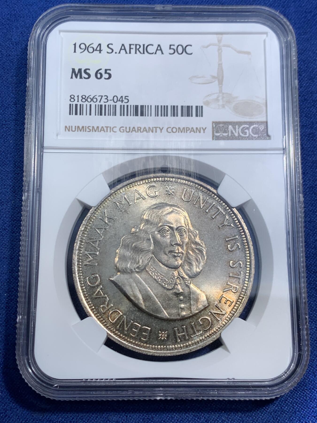 《竞宝斋》第464场 周日，周一，周二，3场连拍 （全场包邮）欢迎送拍 NGC MS65 南非1964年吕贝克跳羚羊50分大银币