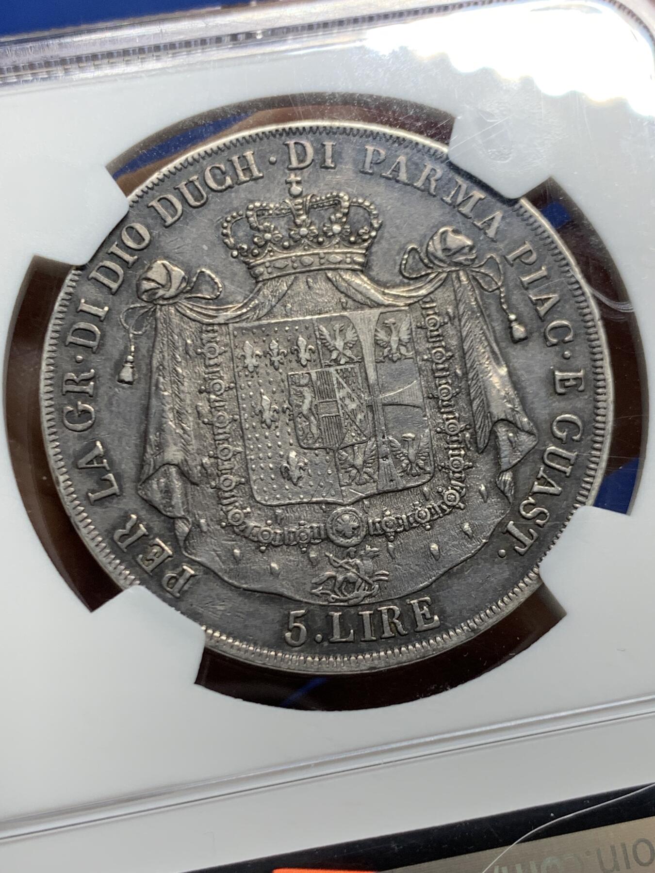 《竞宝斋》第464场 周日，周一，周二，3场连拍 （全场包邮）欢迎送拍 NGC XFD 意大利 帕尔马大公国 1815年 5里拉 银币 玛丽路易丝（拿皇妻子）在位时期发行 拿系币热门品种 这枚细节很好 温润原光 紫罗兰包浆非常漂亮