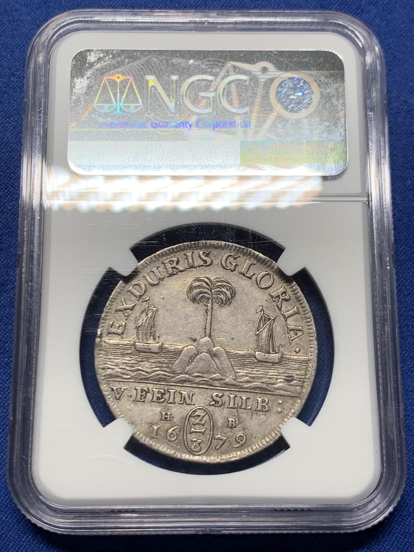 《竞宝斋》第464场 周日，周一，周二，3场连拍 （全场包邮）欢迎送拍 NGC AU53 德国 1679年 布伦瑞克-吕讷堡公国 2/3泰勒银币 背面海洋帆船景观少见