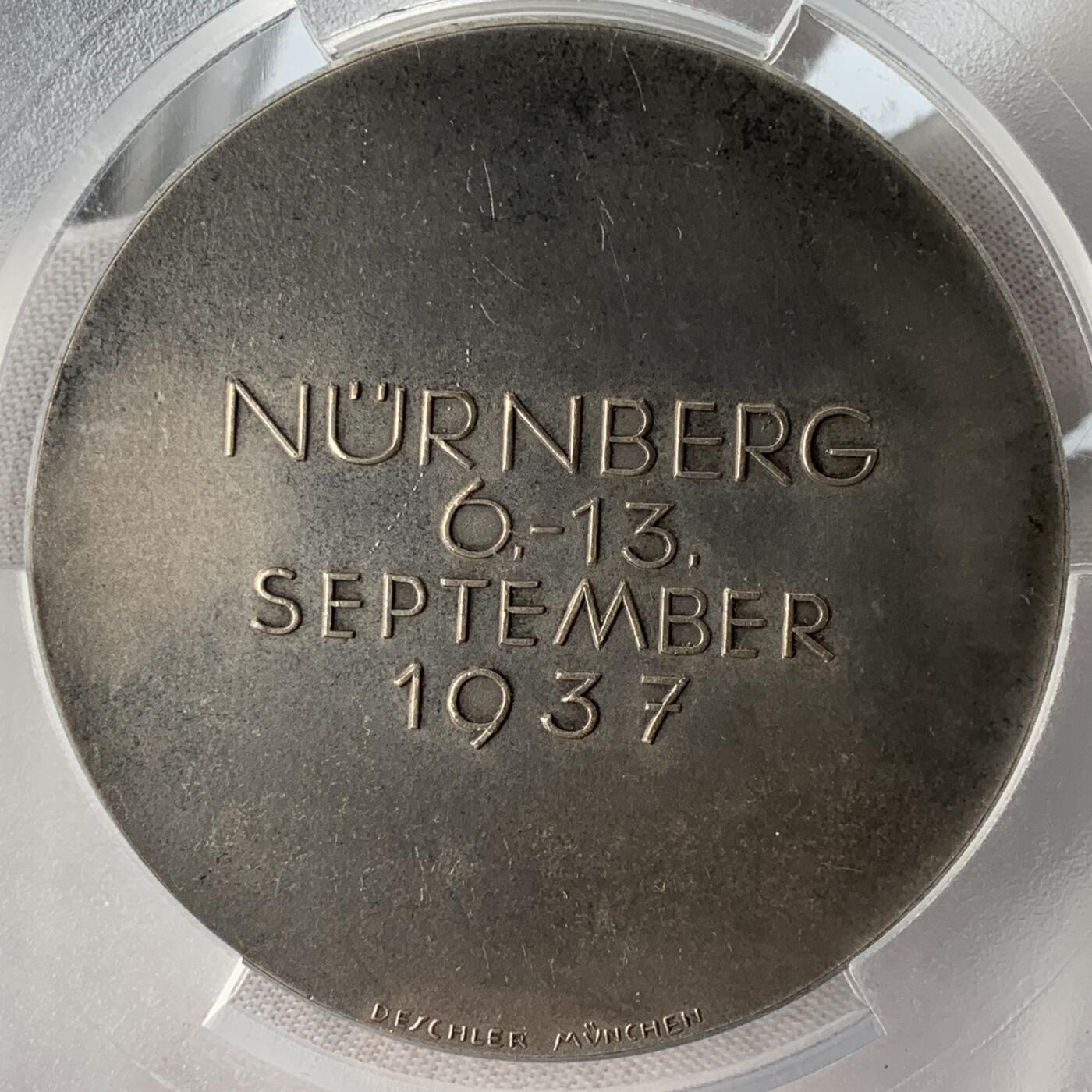 掌中浮雕-藏着的欧洲第052场 PCGS SP63 ：1937年第三帝国纽伦堡党代会白色金属（WM）纪念章，60mm